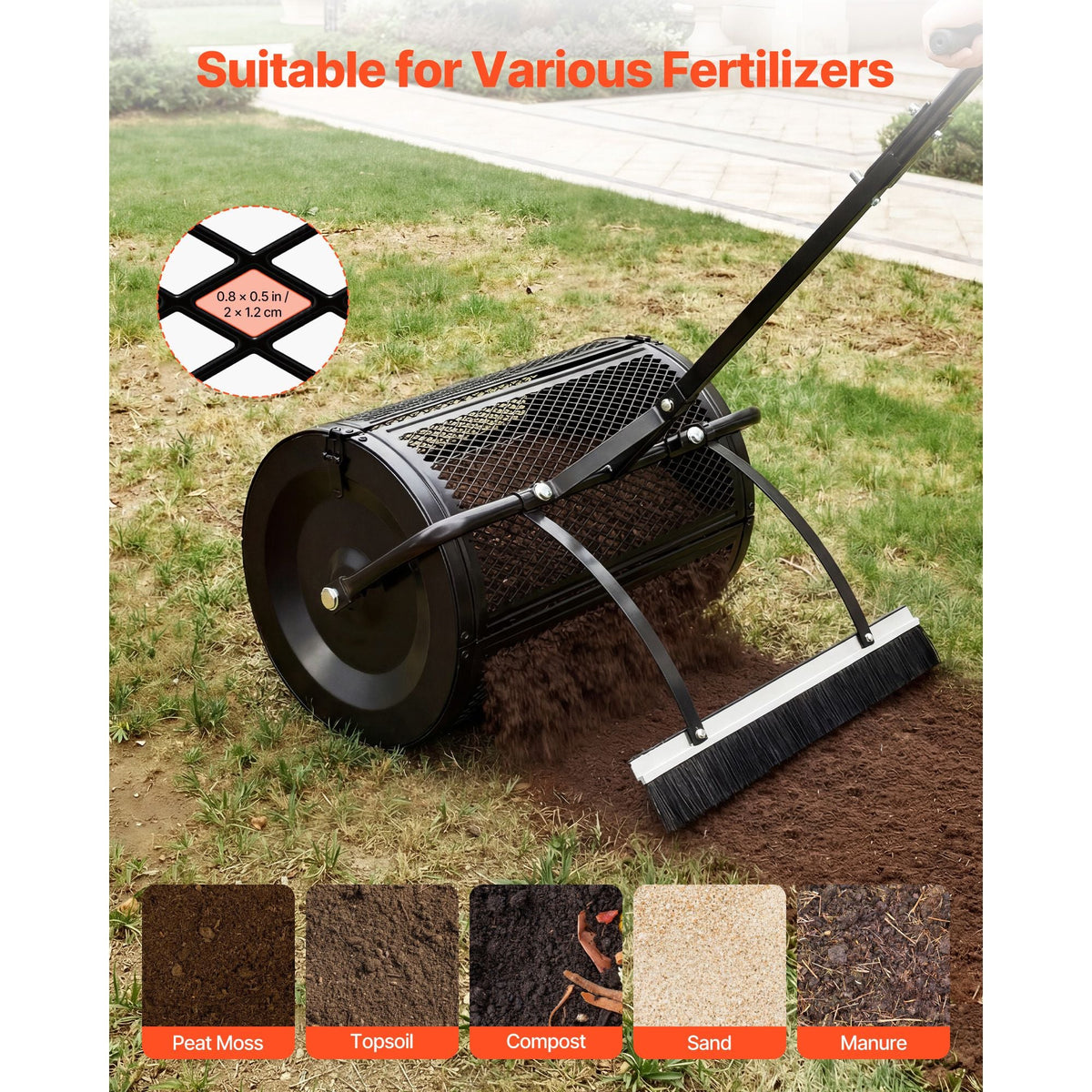 Compost Spreader, 24" Wide Peat Moss Spreader with Push/Tow Handle & Brush, 4 Heights Adjustable, Powder-Coated Steel Garden Peat Moss Roller, Heavy Duty Grass Seed Roller for Planting Seeding