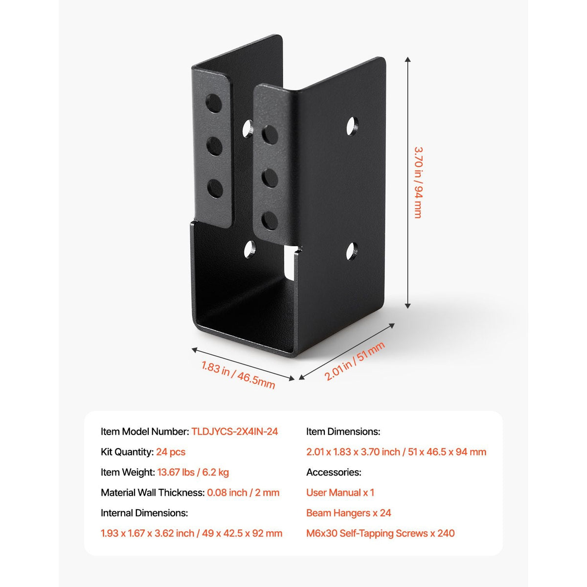 Concealed Joist Hanger, 2x4 Inch Outdoor Concealed-Flange Joist Bracket with Screws, Steel Light Joist Hangers for 1.93 x 3.62 Inch / 49 x 92 mm Beam, Swing, Fence, Wooden Slides, 24 Pcs
