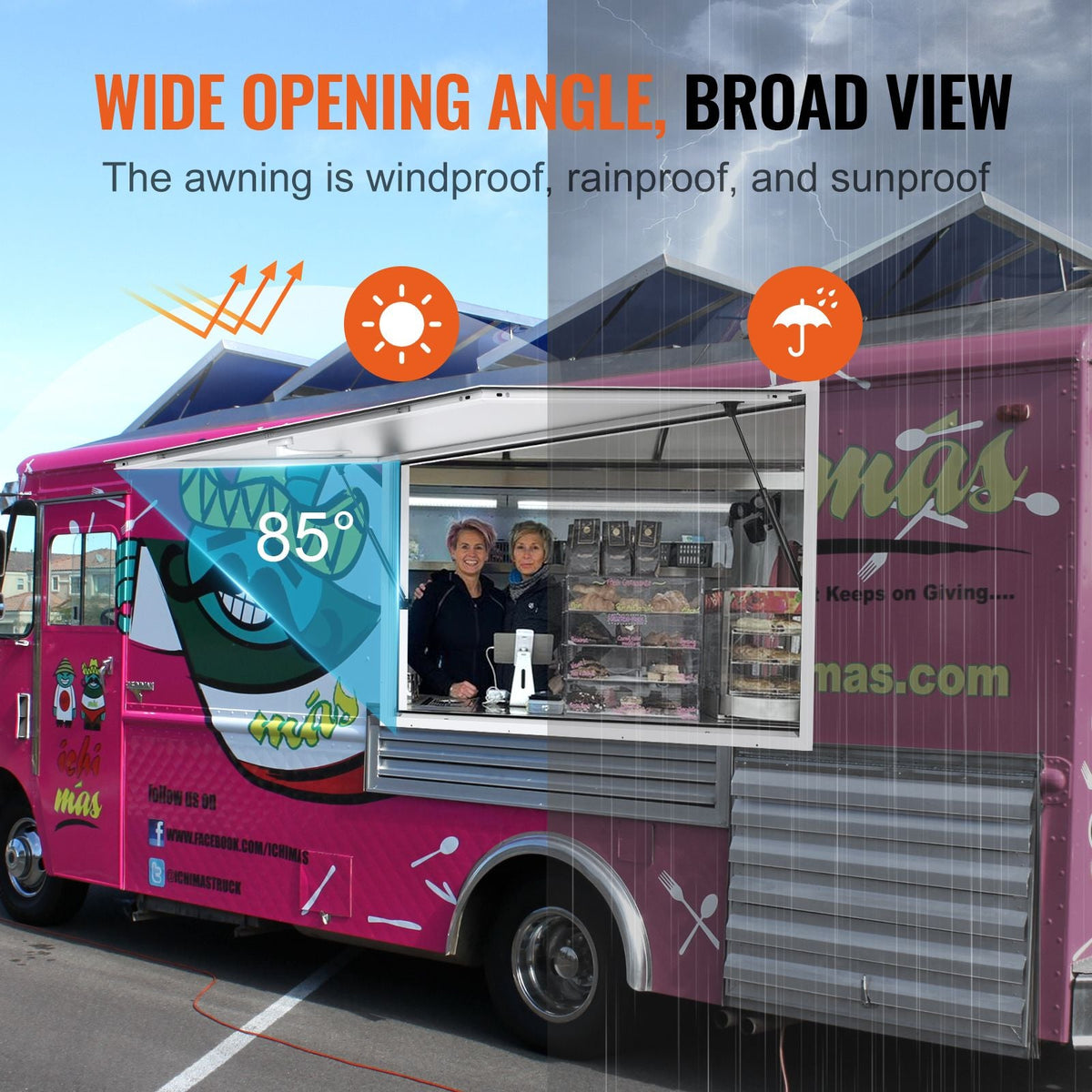 Concession Window 72"x48", Aluminum Alloy Food Truck Service Window with Awning Door & Drag Hook, Up to 85 Degrees Stand Serving Window for Food Trucks Concession Trailers, Glass Not Included