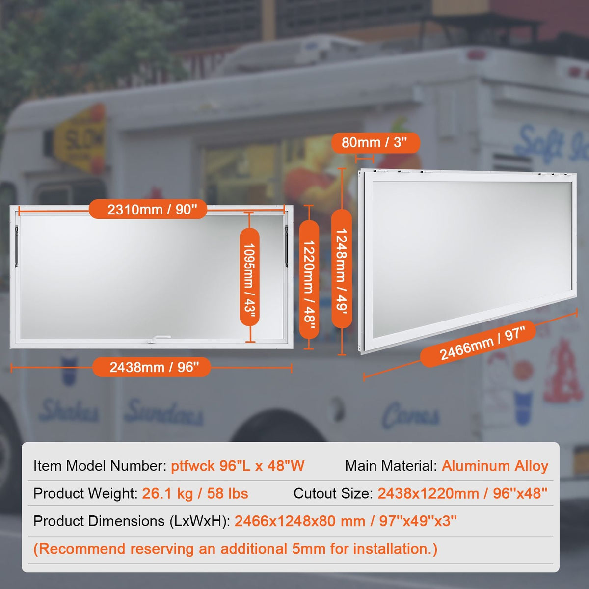 Concession Window 96"x48", Aluminum Alloy Food Truck Service Window with Awning Door & Drag Hook, Up to 85 Degrees Stand Serving Window for Food Trucks Concession Trailers, Glass Not Included