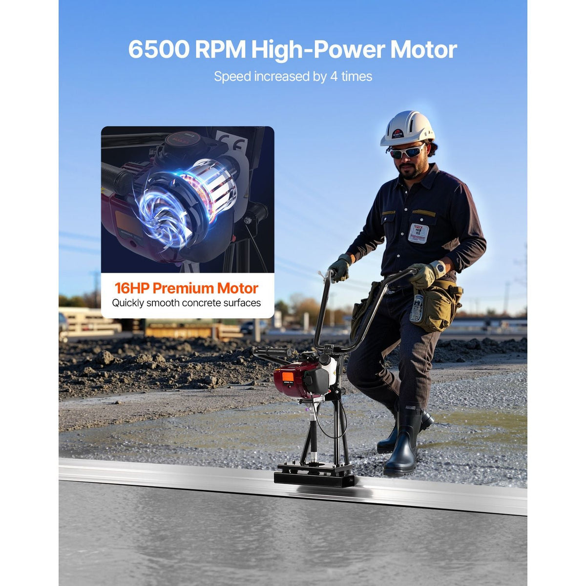 Concrete Power Screed, 4 ft Aluminum Board Straight Edge Bar Set, 4 Stroke Cement Finishing Vibrating Motor with Height Adjustable Handles, High Efficient Concrete Tool 6500RPM
