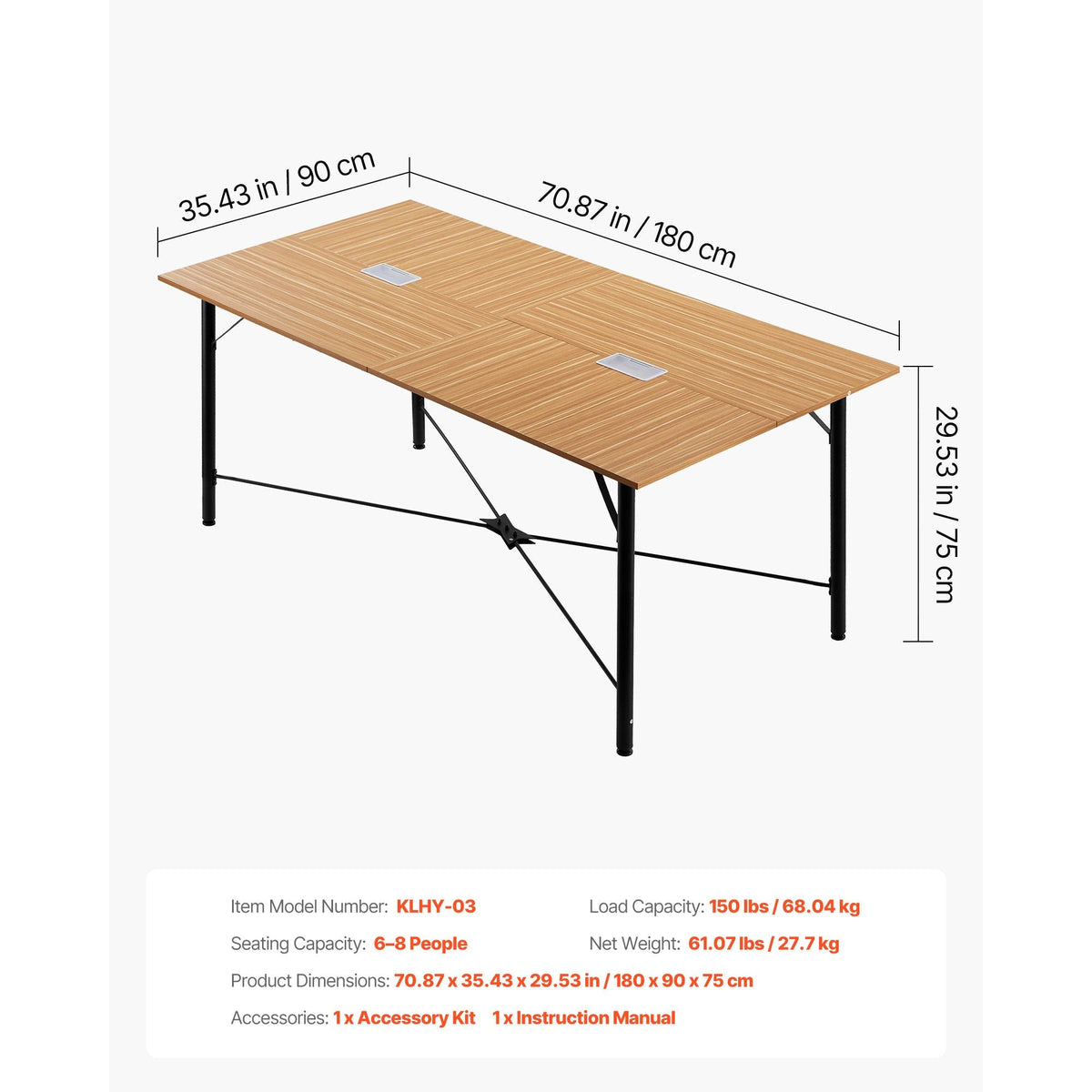 Conference Table, 6 ft Office Meeting Table for 6-8 Person, Modern Rectangle Seminar Desk with Metal Legs, Meeting Desk Ideal for Office, Boardroom, Conference Room, Easy Assembly, Brown