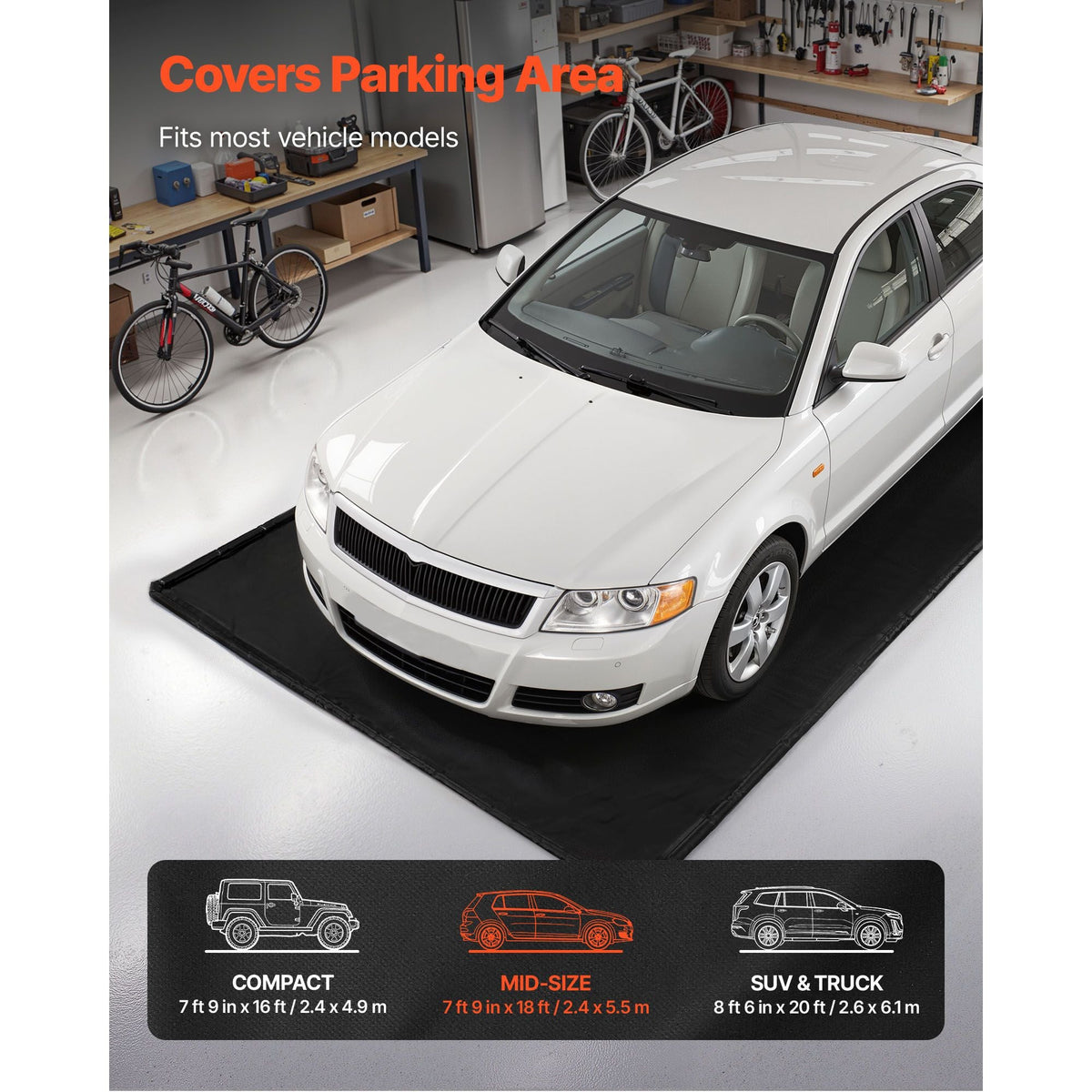 Containment Mat, 7 ft 9 in x 18 ft, Non-Slip PVC Garage Floor Mat with a Cleaning Squeegee, Heavy Duty Durable Waterproof Containment Protection from Snow, Rain and Mud for Cars Parking, Black
