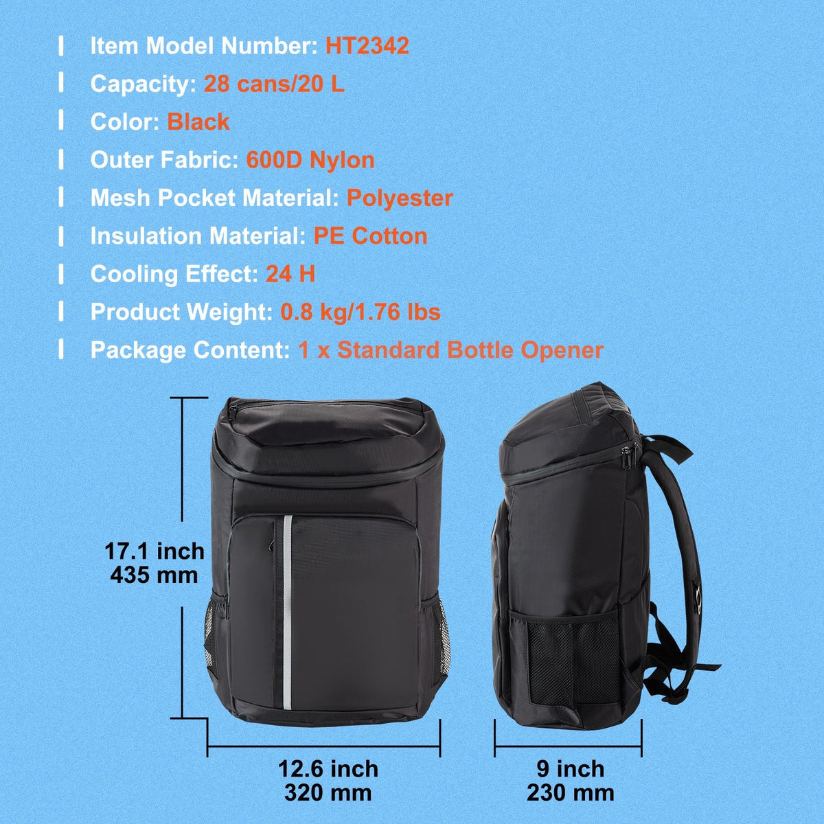 Cooler Backpack, 28 Cans Backpack Cooler Leakproof, Waterproof Insulated Backpack Cooler, Lightweight Beach Cooler Bag with Shoulder Padding and Mesh Pocket for Hiking, Camping, BBQ, Black