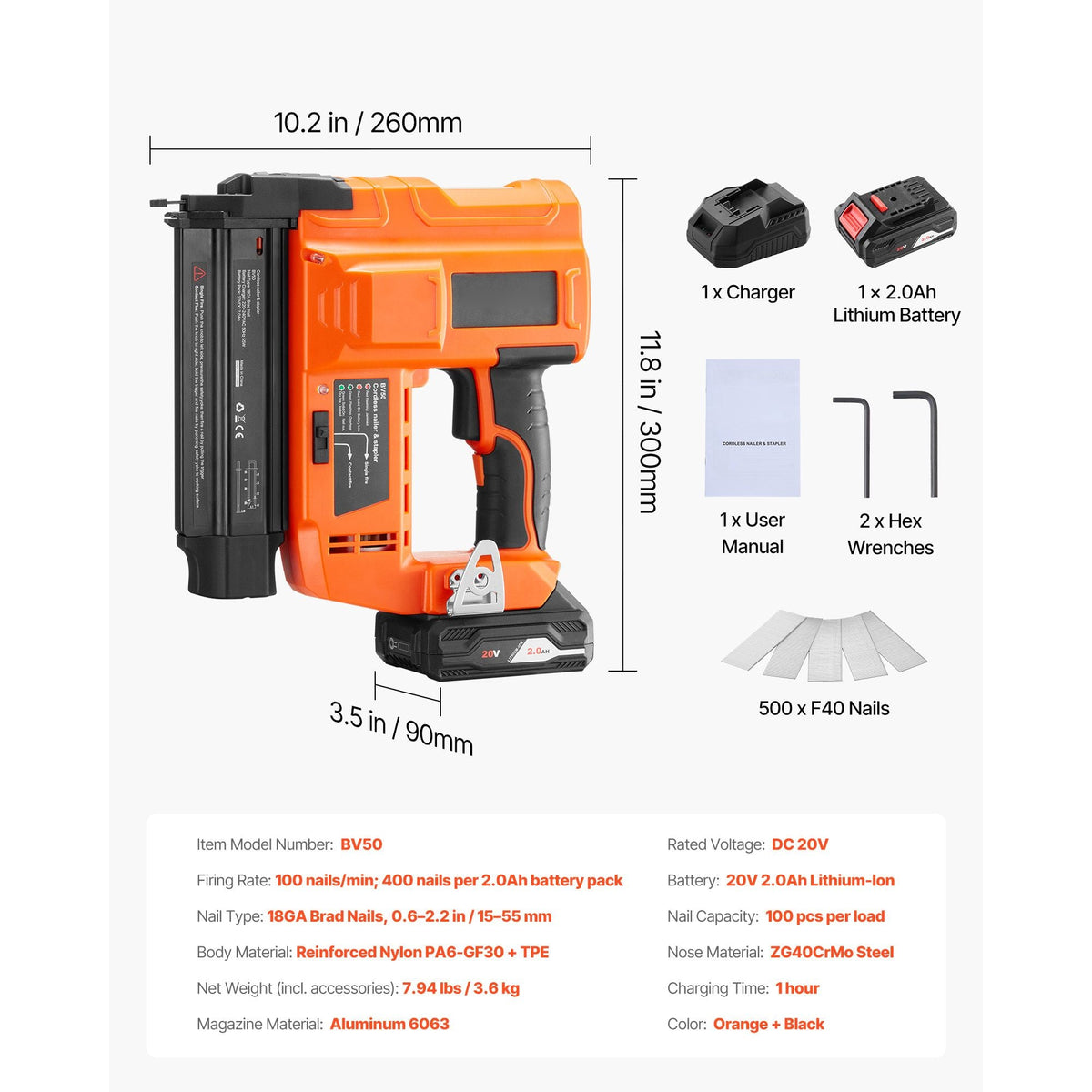Cordless Brad Nailer, 18 Gauge, 20V Battery Powered Nail Gun, with 500 pcs Nails, 2.0 Ah Li-ion Battery and Charger, Adjustable Nailing Depth, for Home Improvement, Woodworking, DIY Project