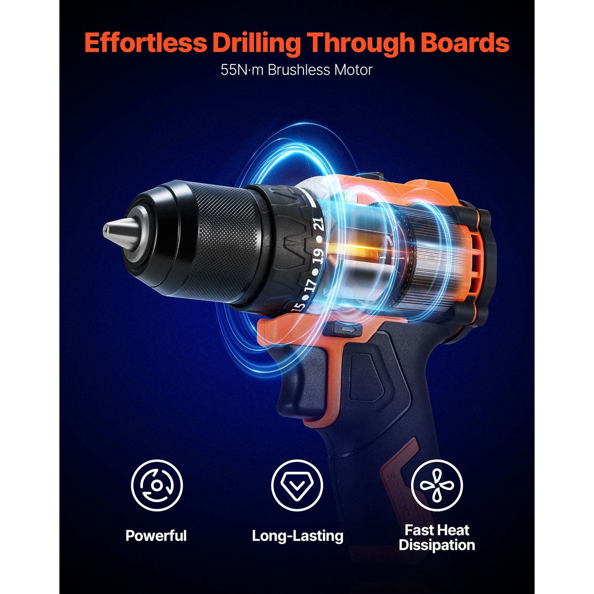 Cordless Drill Driver, 1/2 inch Metal Chuck, Brushless Motor, Dual-Speed Variable, Drill Driver Kit with Lithium Battery and Charger, Tool Box, for Wood and Metal Drilling, Screw Driving