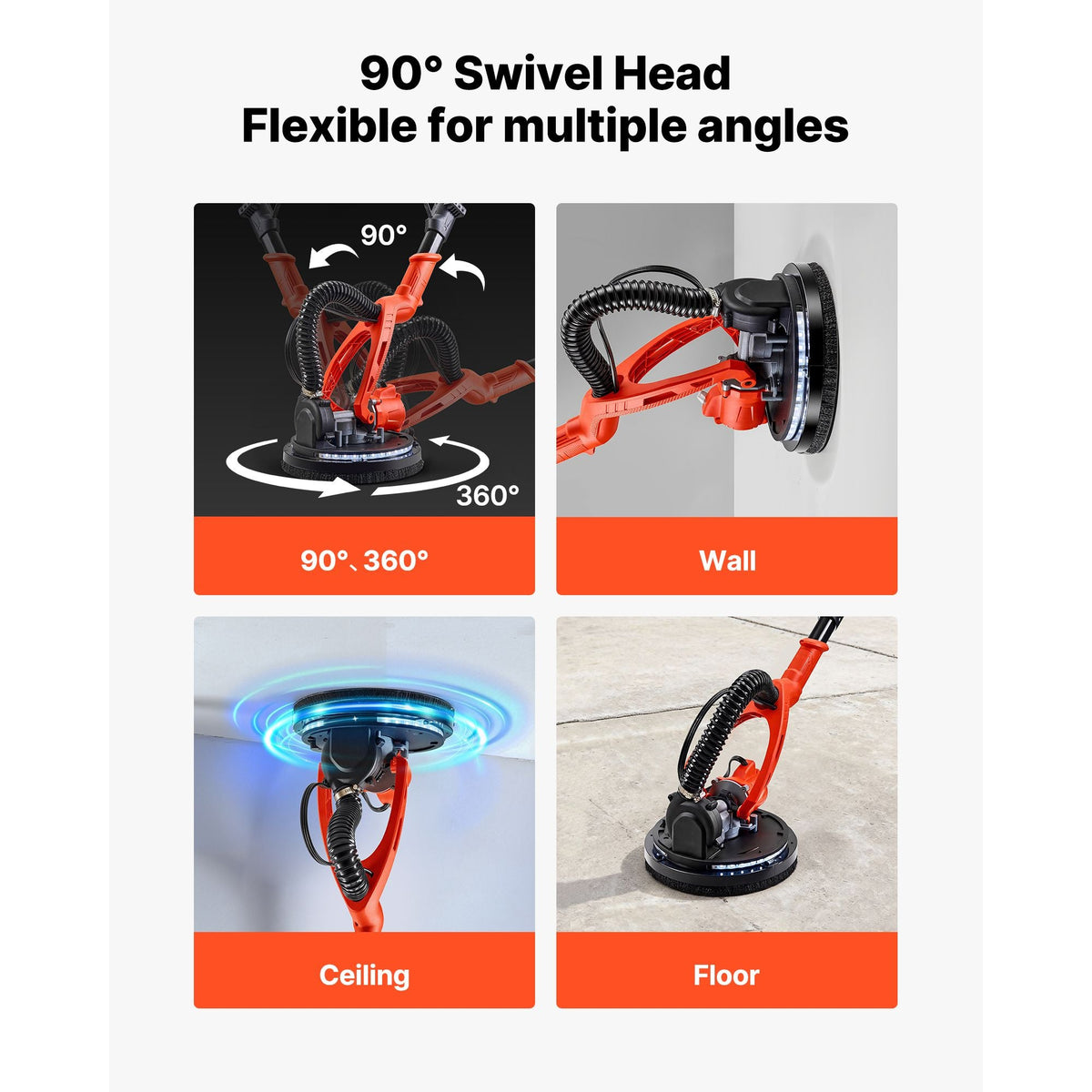 Cordless Drywall Sander, 450W Electric Sander, Popcorn Ceiling Removal Tool with Vacuum Dust Collection, 7 Variable Speed 0-1600 RPM, LED Light, Foldable & Extendable Handle, 15 Sanding Discs