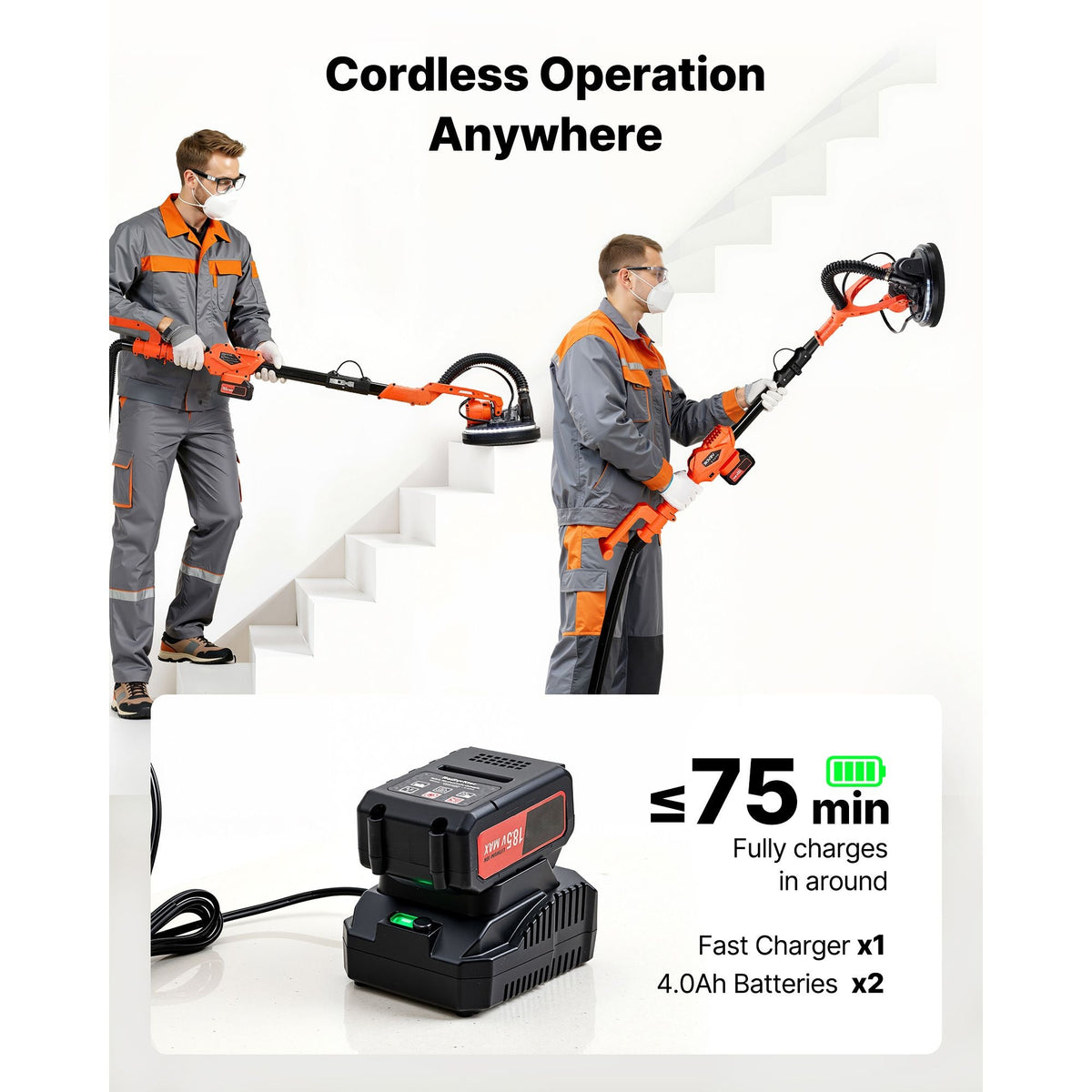 Cordless Drywall Sander, 450W Electric Sander, Popcorn Ceiling Removal Tool with Vacuum Dust Collection, 7 Variable Speed 0-1600 RPM, LED Light, Foldable & Extendable Handle, 15 Sanding Discs
