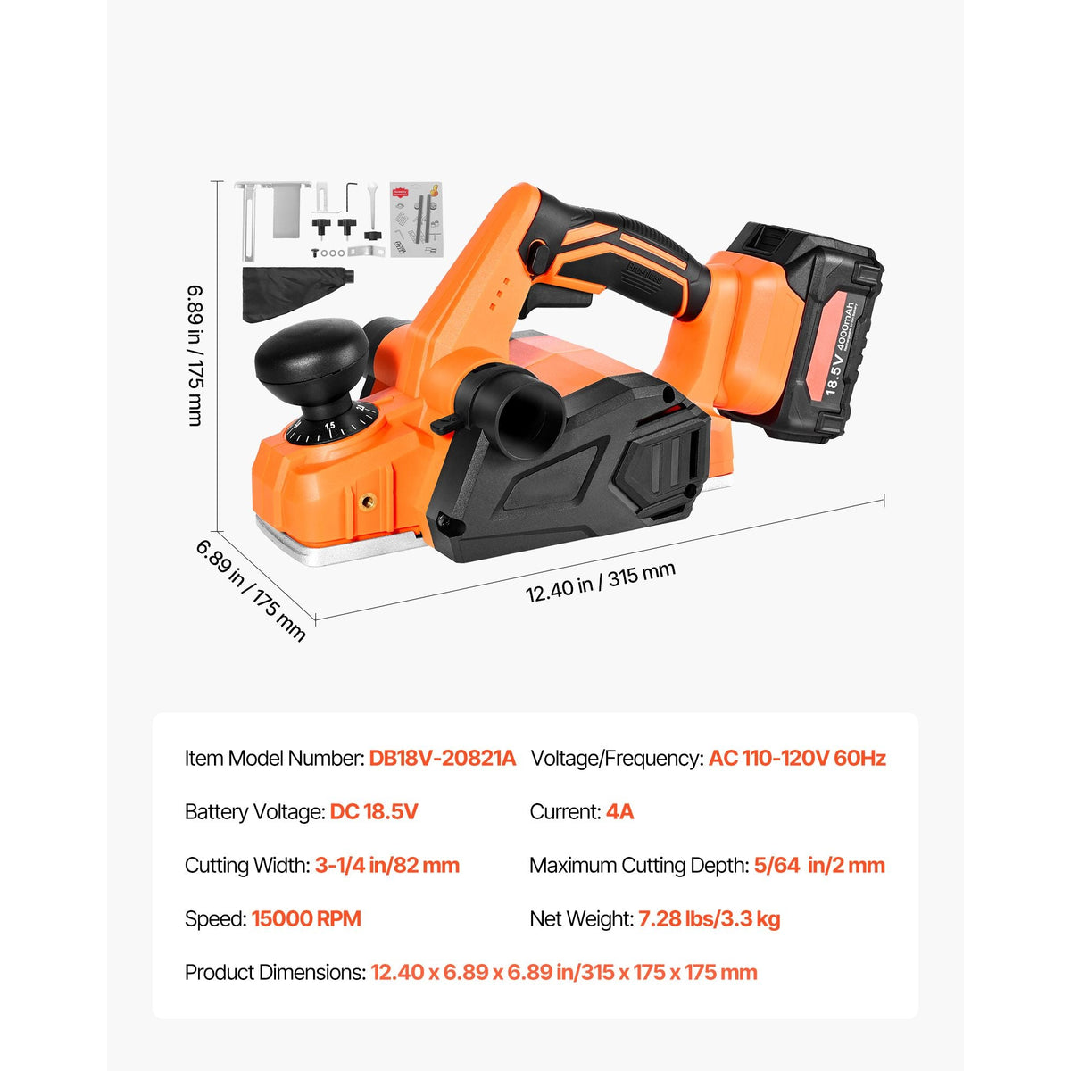 Cordless Handheld Planer, 3-1/4-Inch Cut Width, 15000 RPM Electric Hand Wood Planer with 4.0 Ah 18V Lithium Battery, Brushless Motor, Adjustable Cut Depth, Dust Collection Bag, for Woodworking