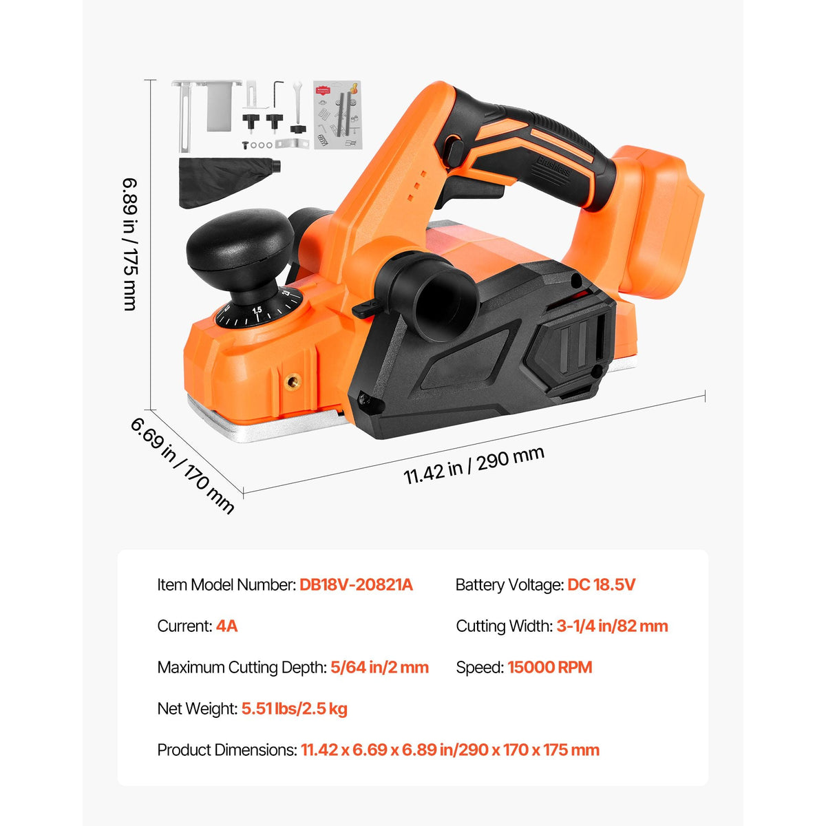 Cordless Handheld Planer, 3-1/4-Inch Cut Width, 15000 RPM Electric Hand Wood Planer with Brushless Motor, Adjustable Cut Depth for Woodworking, Compatible with 18V Battery (Bare Tool Only)