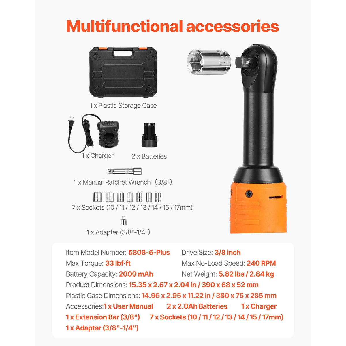 Cordless Ratchet Wrench, 3/8 inch Drive, 240 RPM, up to 33 ft-lbs of Torque, Extended Battery Powered Electric Ratchet Wrench Set with Two Batteries, Charger, Sockets, Adaptor and Extension Bar