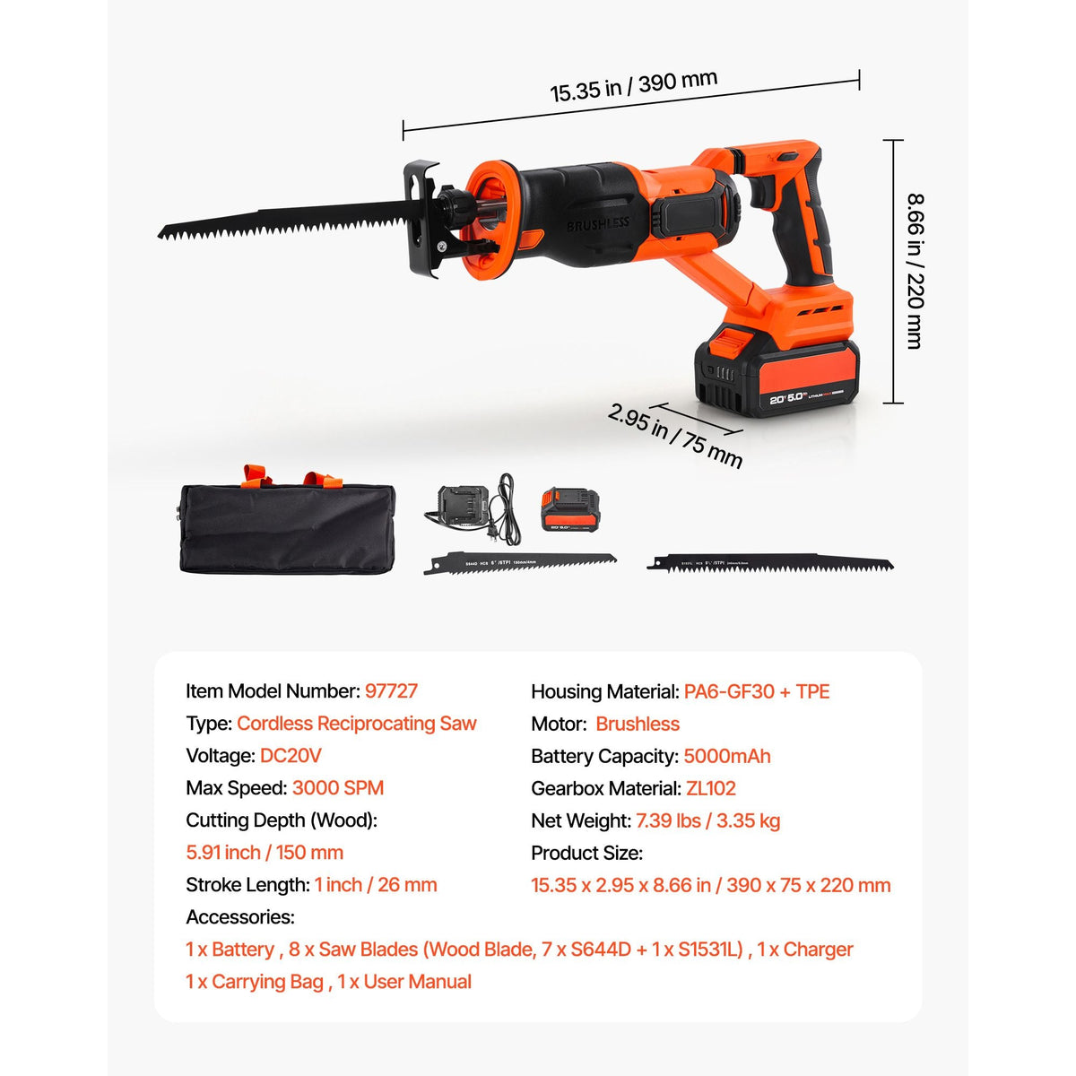 Cordless Reciprocating Saw, 20 V, 3000 SPM Variable Speed, 1 inch Stroke Length, Electric Reciprocating Saw with Battery, Charger, 8 Blades, and Carrying Bag, for Wood and Plastic Cutting