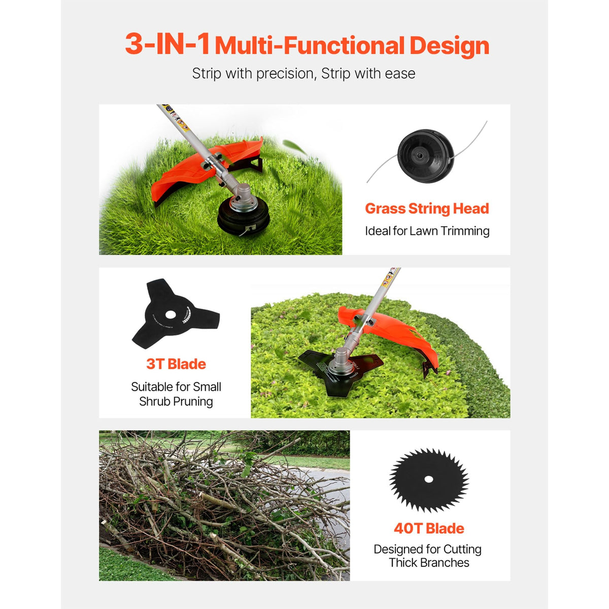 Cordless String Trimmer, 52 cc 2-Stroke, Gas Powered Weed Wacker, 17" Cordless Grass Trimmer, Multi-Functional Lawn Edger with Shoulder Strap & 3T Blade, Weed Eater for Quick Grass Cleaning