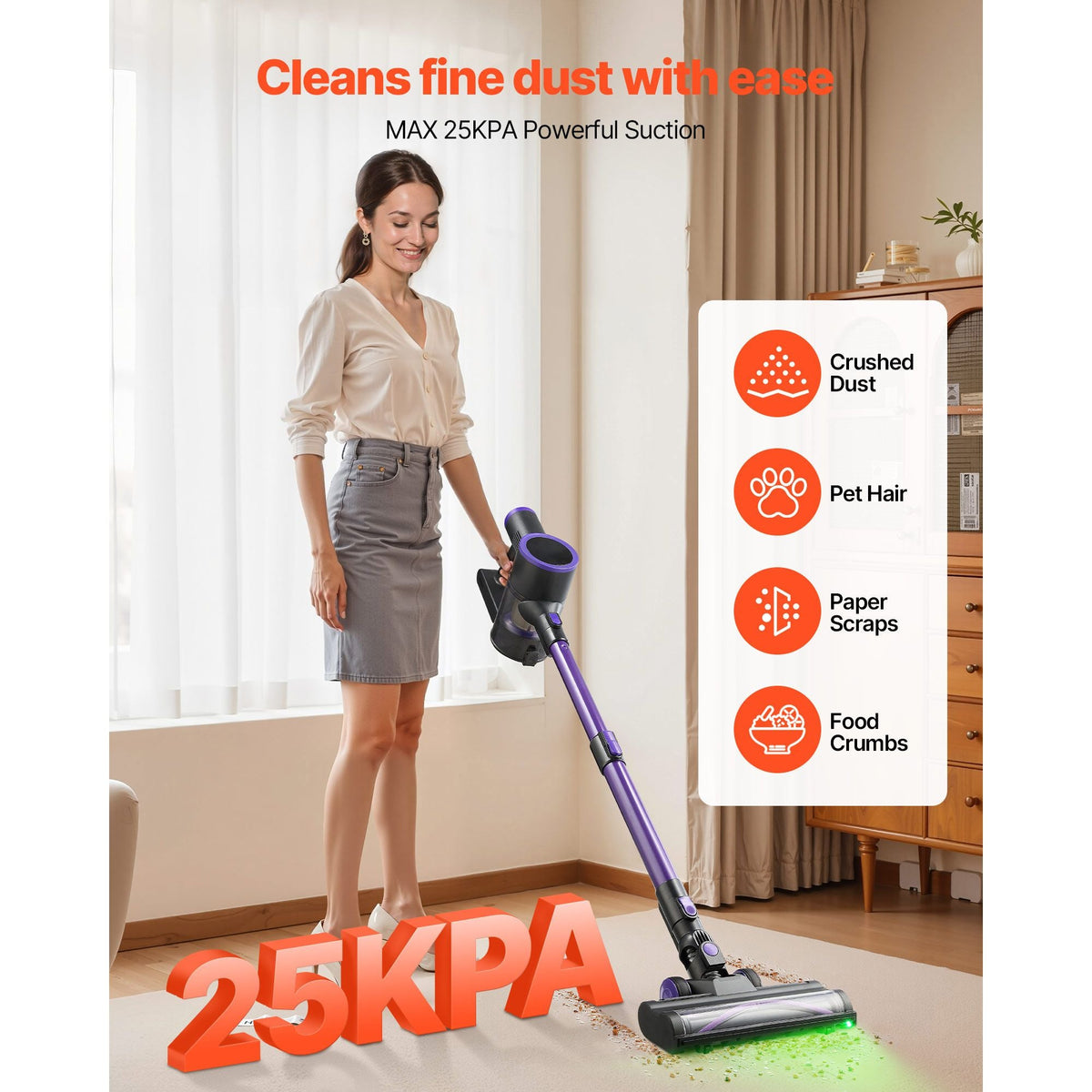 Cordless Vacuum Cleaner, 25KPA Max Powerful Suction, Rechargeable Anti-Tangle Stick Vacuum with Dust Cup, Lightweight Handheld Vac with 35mins Runtime for Home, Carpet, Pet Hair, Hard Floor