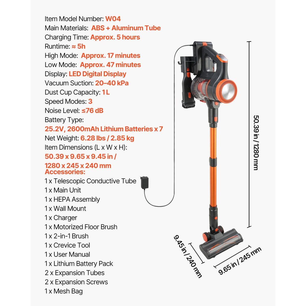 Cordless Vacuum Cleaner, 40KPA Max Suction, Rechargeable Anti-Tangle Stick Vacuum with LED Display Screen, Lightweight Handheld Vac with 47mins Runtime for Home, Carpet, Pet Hair, Hard Floor