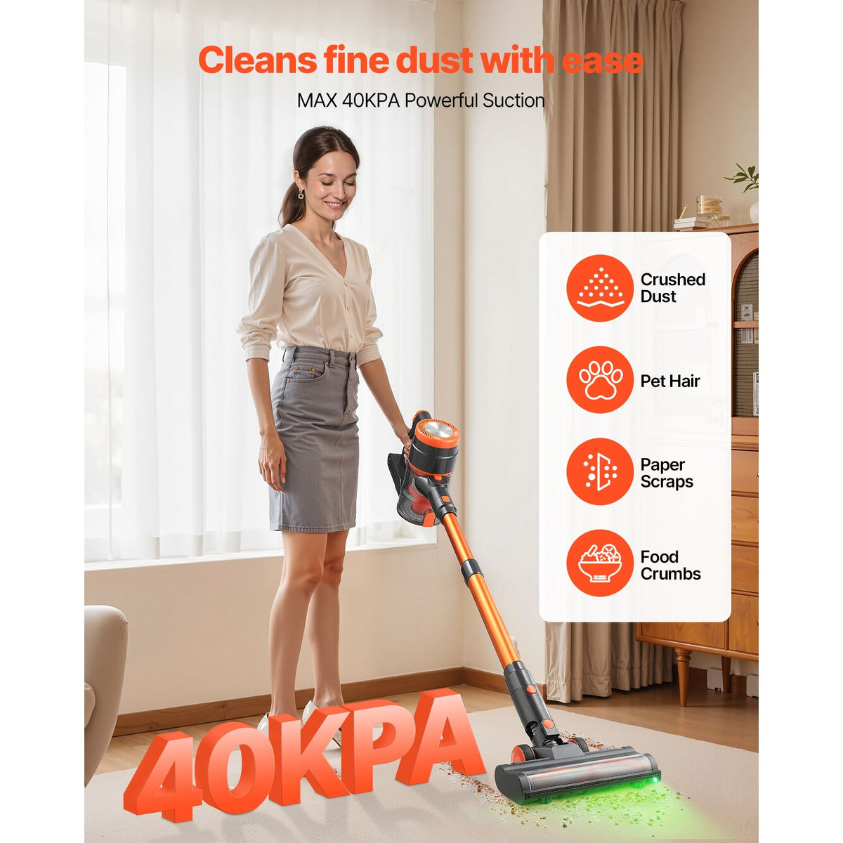 Cordless Vacuum Cleaner, 40KPA Max Suction, Rechargeable Anti-Tangle Stick Vacuum with LED Display Screen, Lightweight Handheld Vac with 47mins Runtime for Home, Carpet, Pet Hair, Hard Floor