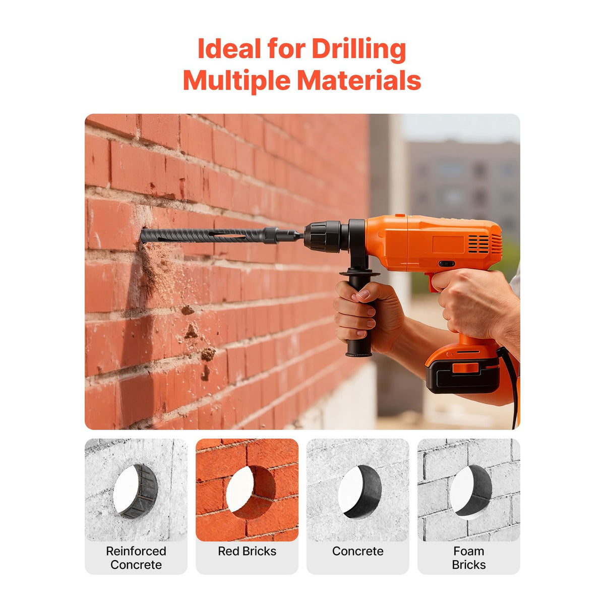 Core Drill Bit, 1 inch Diameter, 9-1/2 inch Drilling Depth, 5/8-11 Internal Thread, Diamond Dry Coring Bit with 3 Adapters, Pilot Drill and Hex Wrench, for Concrete, Red Bricks, and Masonry