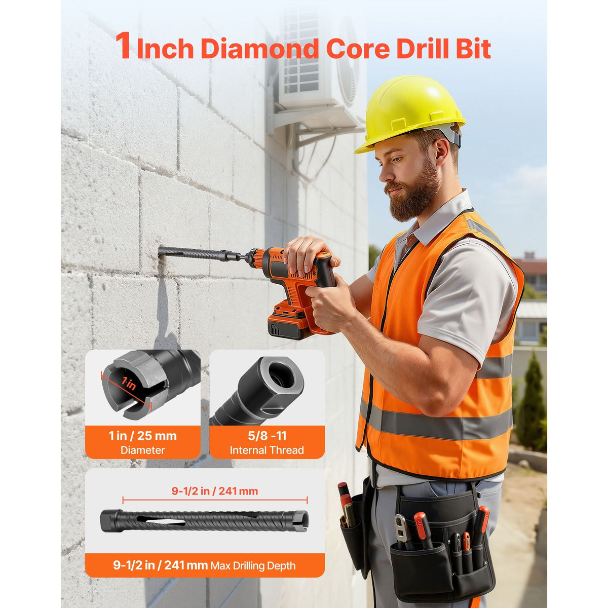 Core Drill Bit, 1 inch Diameter, 9-1/2 inch Drilling Depth, 5/8-11 Internal Thread, Diamond Dry Coring Bit with 3 Adapters, Pilot Drill and Hex Wrench, for Concrete, Red Bricks, and Masonry