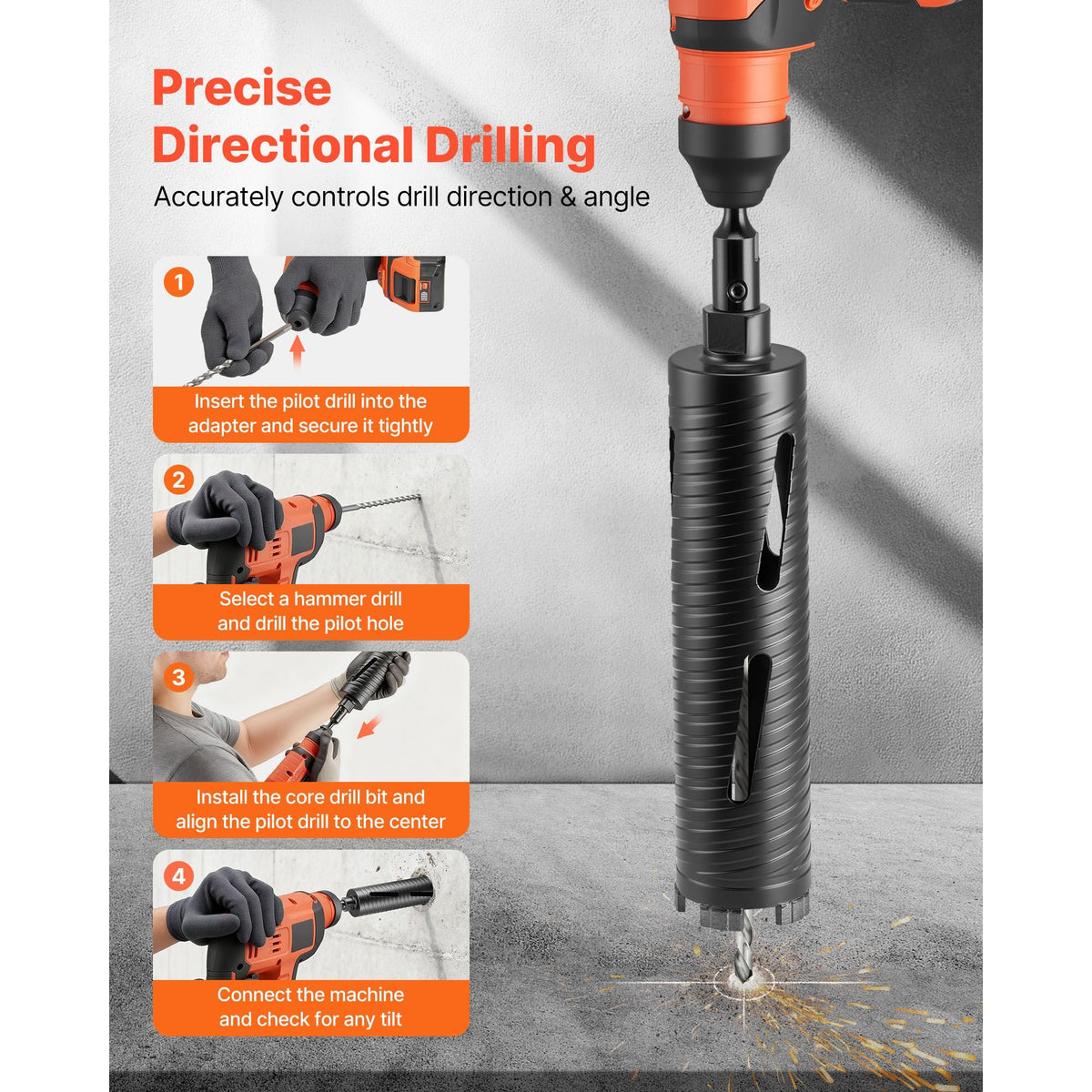 Core Drill Bit, 2-1/2 inch Diameter, 9-1/2 inch Drilling Depth, 5/8-11 Internal Thread, Diamond Dry Coring Bit with 3 Adapters, Pilot Drill and Hex Wrench, for Concrete, Red Bricks, and Masonry