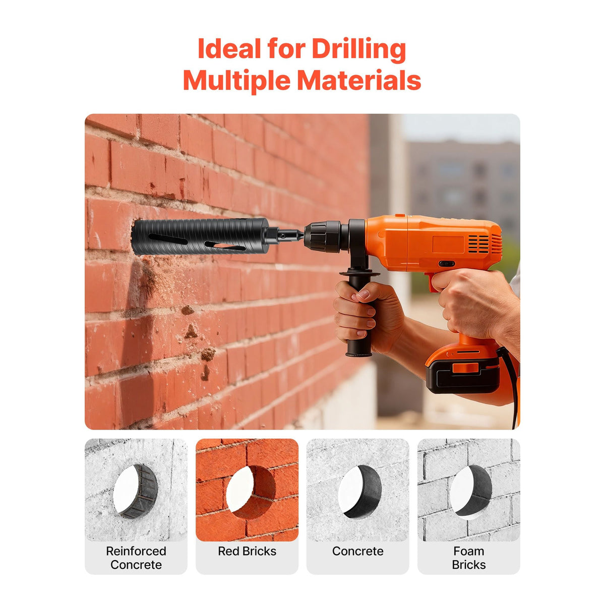 Core Drill Bit, 2-1/2 inch Diameter, 9-1/2 inch Drilling Depth, 5/8-11 Internal Thread, Diamond Dry Coring Bit with 3 Adapters, Pilot Drill and Hex Wrench, for Concrete, Red Bricks, and Masonry