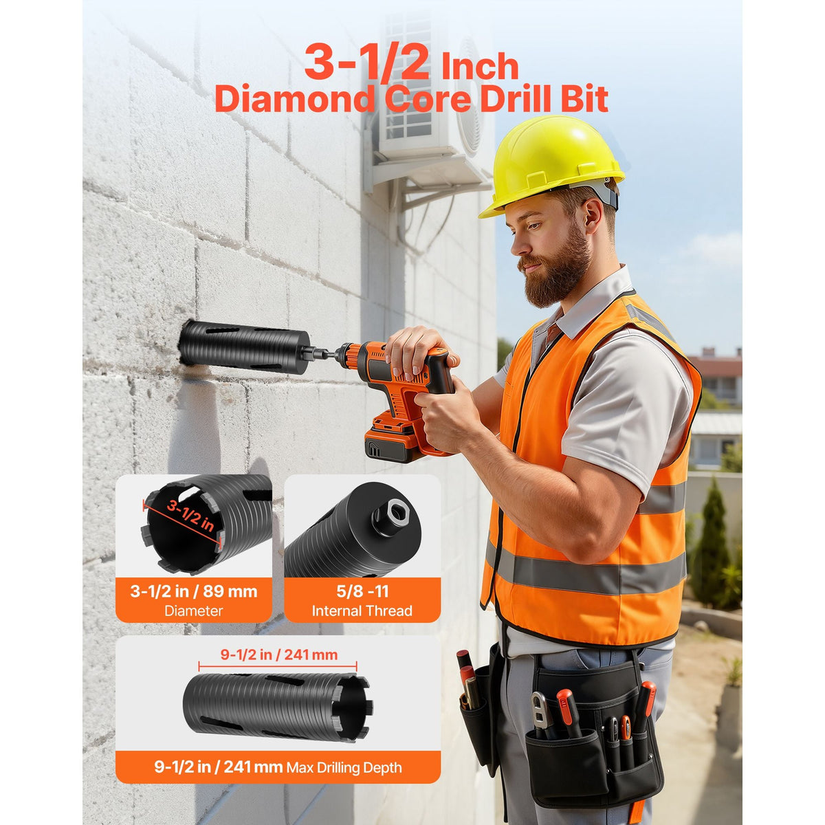 Core Drill Bit, 3-1/2 inch Diameter, 9-1/2 inch Drilling Depth, 5/8-11 Internal Thread, Diamond Dry Coring Bit with 3 Adapters, Pilot Drill and Hex Wrench, for Concrete, Red Bricks, and Masonry