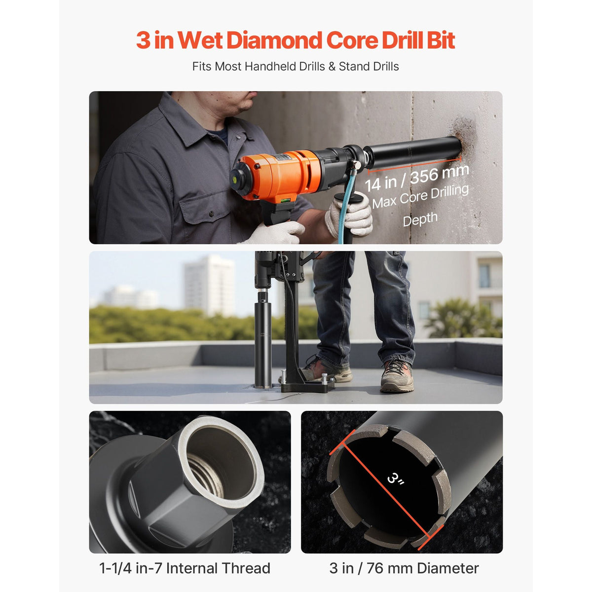 Core Drill Bit, 3 inch Diameter, 14 inch Drilling Depth, 1-1/4 in-7 Internal Thread, High-Precision Welding Technology, Wet Diamond Core Bit for Reinforced Concrete, Red Bricks, and Masonry