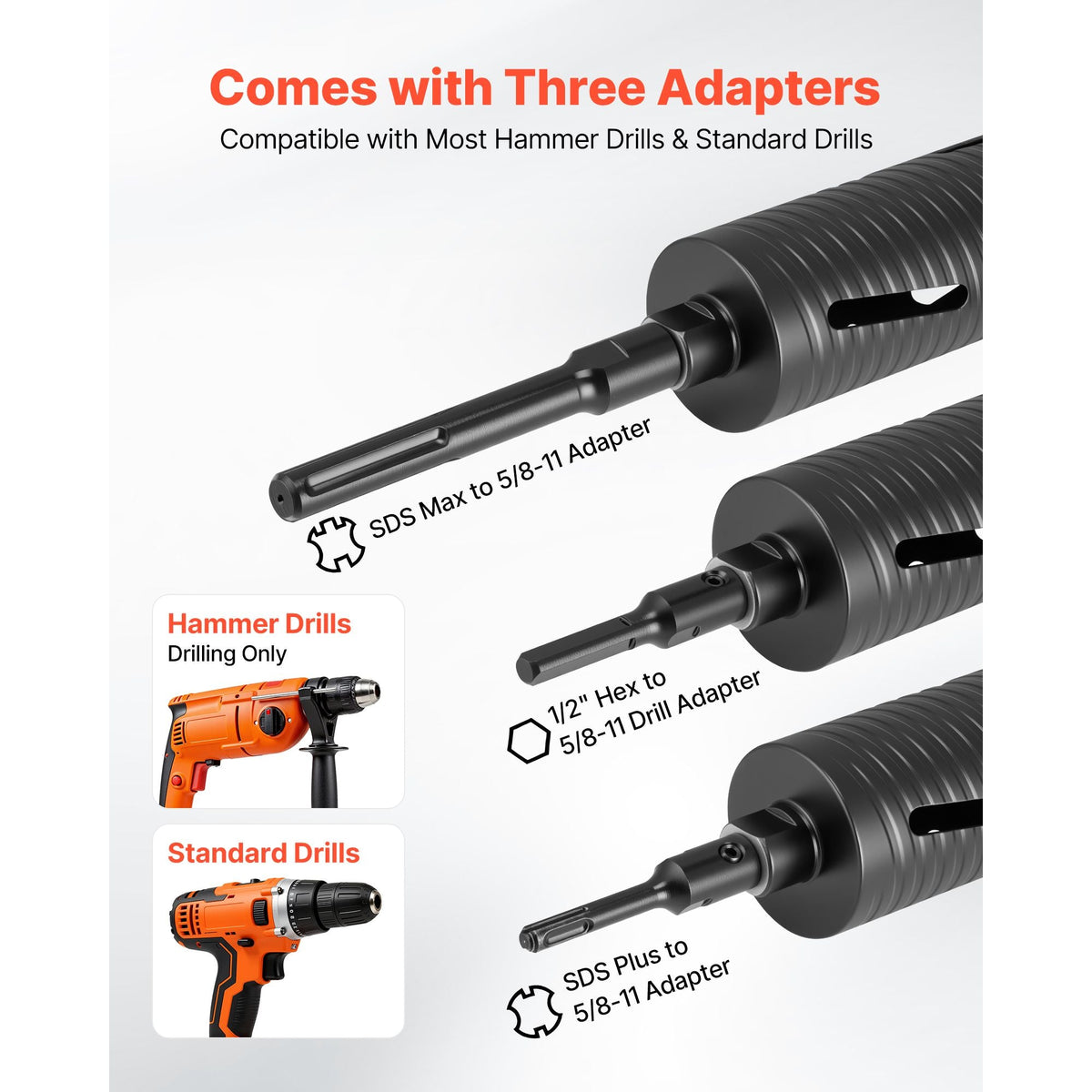 Core Drill Bit, 3 inch Diameter, 9-1/2 inch Drilling Depth, 5/8-11 Internal Thread, Diamond Dry Coring Bit with 3 Adapters, Pilot Drill and Hex Wrench, for Concrete, Red Bricks, and Masonry