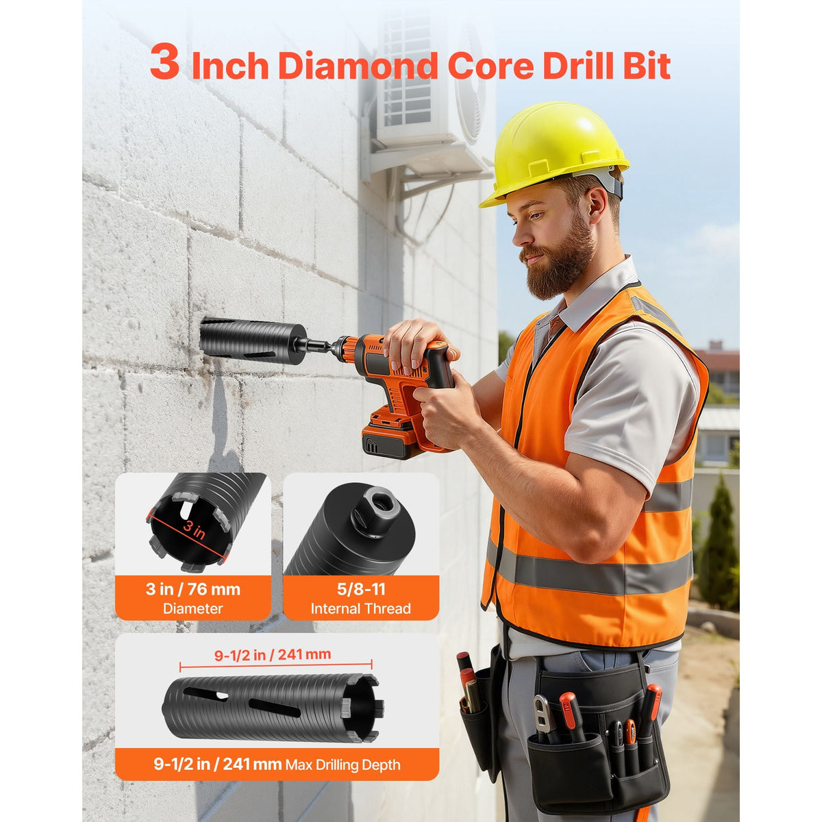 Core Drill Bit, 3 inch Diameter, 9-1/2 inch Drilling Depth, 5/8-11 Internal Thread, Diamond Dry Coring Bit with 3 Adapters, Pilot Drill and Hex Wrench, for Concrete, Red Bricks, and Masonry