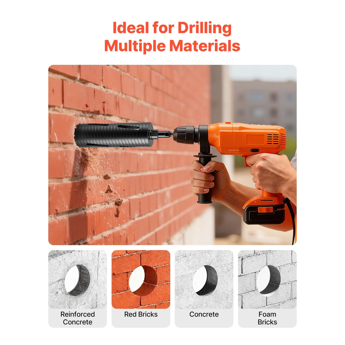 Core Drill Bit, 3 inch Diameter, 9-1/2 inch Drilling Depth, 5/8-11 Internal Thread, Diamond Dry Coring Bit with 3 Adapters, Pilot Drill and Hex Wrench, for Concrete, Red Bricks, and Masonry