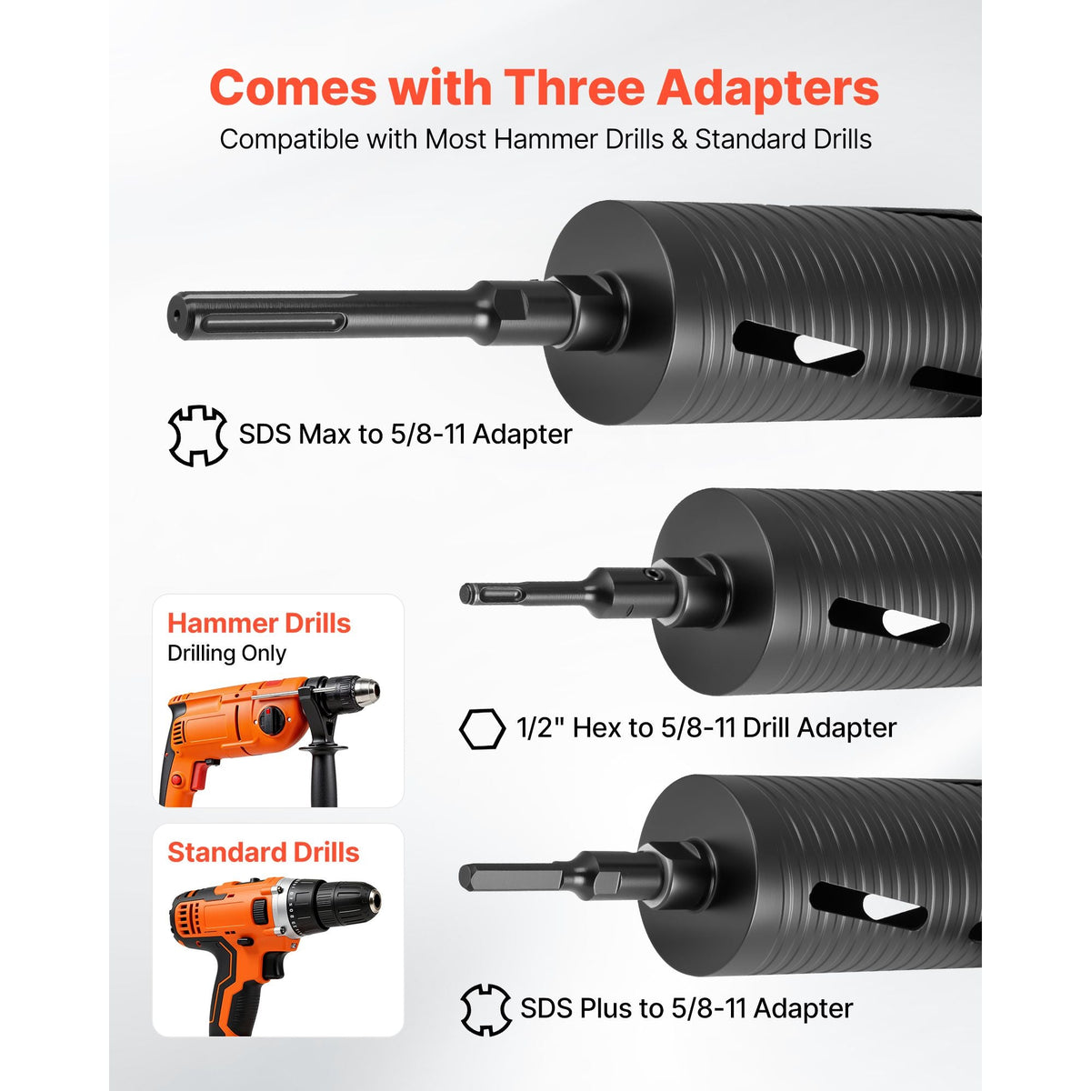 Core Drill Bit, 4-1/2 inch Diameter, 9-1/2 inch Drilling Depth, 5/8-11 Internal Thread, Diamond Dry Coring Bit with 3 Adapters, Pilot Drill and Hex Wrench, for Concrete, Red Bricks, and Masonry