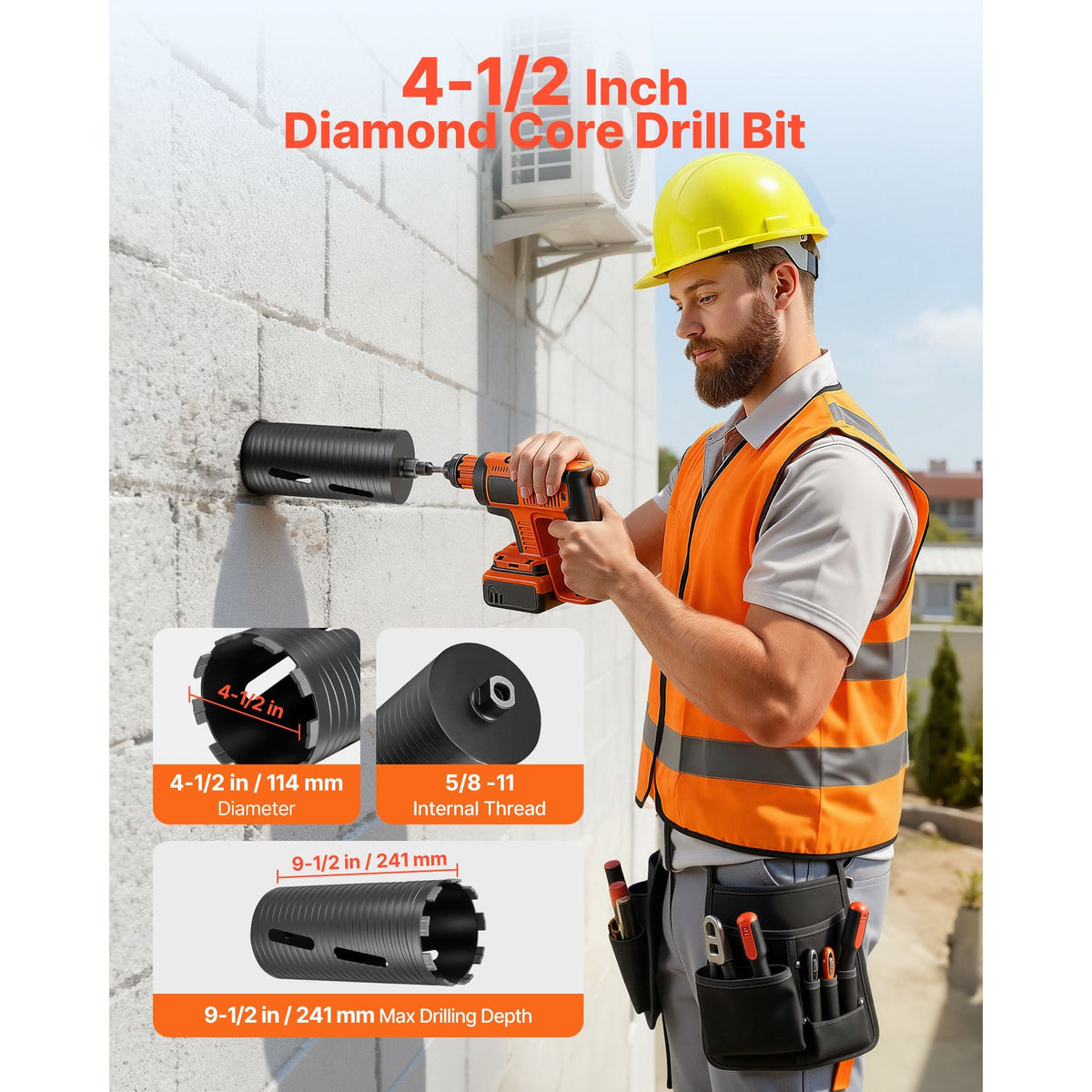 Core Drill Bit, 4-1/2 inch Diameter, 9-1/2 inch Drilling Depth, 5/8-11 Internal Thread, Diamond Dry Coring Bit with 3 Adapters, Pilot Drill and Hex Wrench, for Concrete, Red Bricks, and Masonry