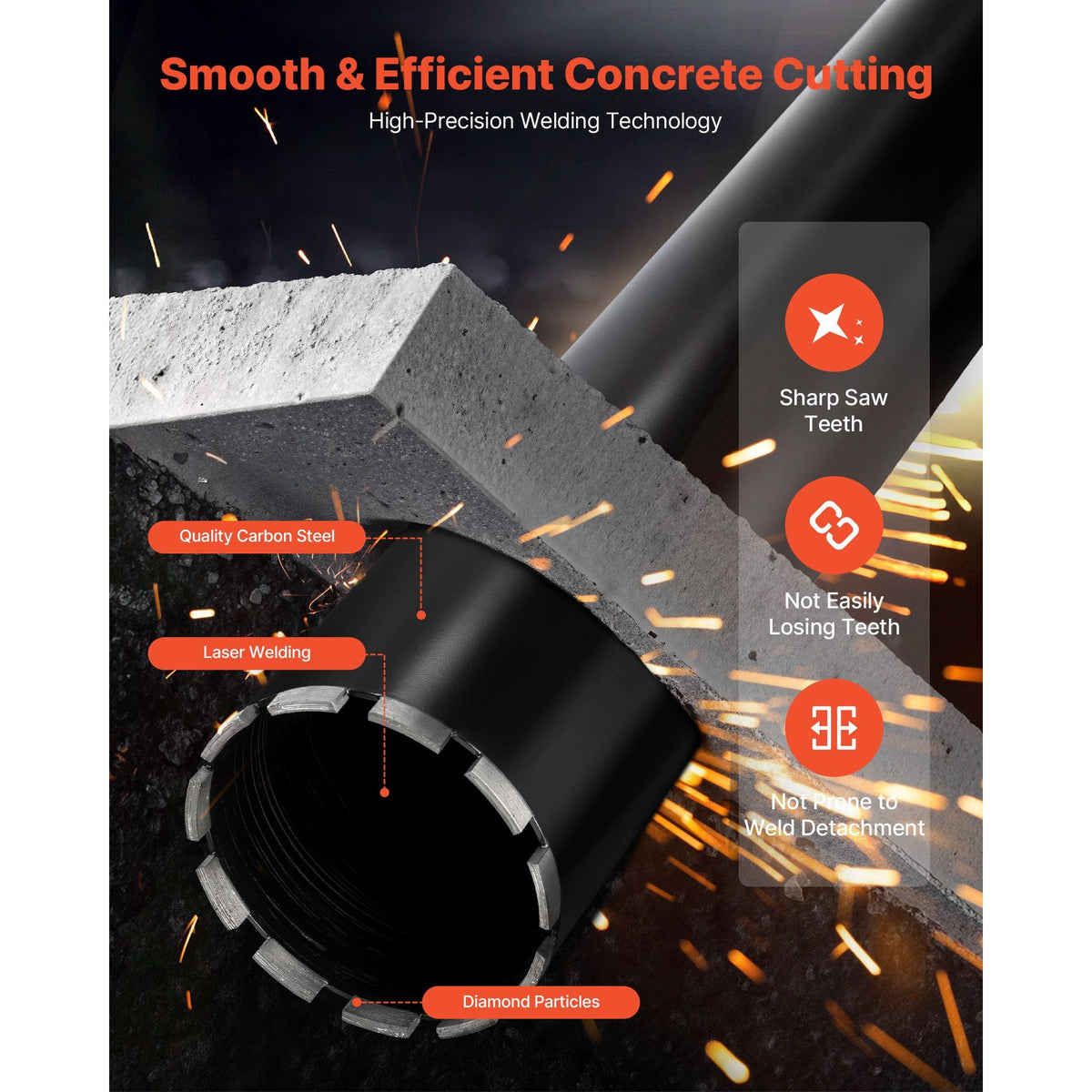 Core Drill Bit, 5 inch Diameter, 14 inch Drilling Depth, 1-1/4 in-7 Internal Thread, High-Precision Welding Technology, Wet Diamond Core Bit for Reinforced Concrete, Red Bricks, and Masonry