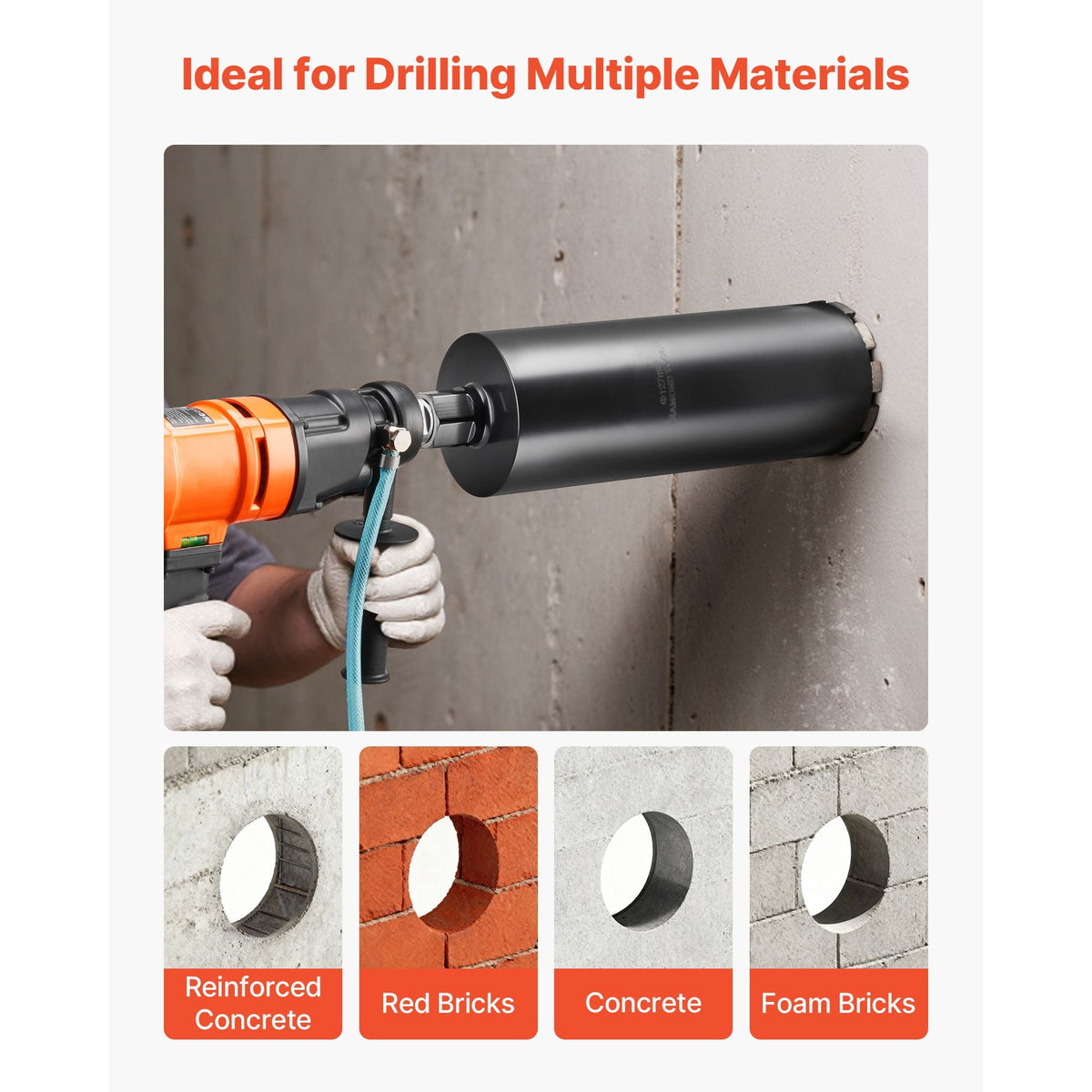 Core Drill Bit, 5 inch Diameter, 14 inch Drilling Depth, 1-1/4 in-7 Internal Thread, High-Precision Welding Technology, Wet Diamond Core Bit for Reinforced Concrete, Red Bricks, and Masonry