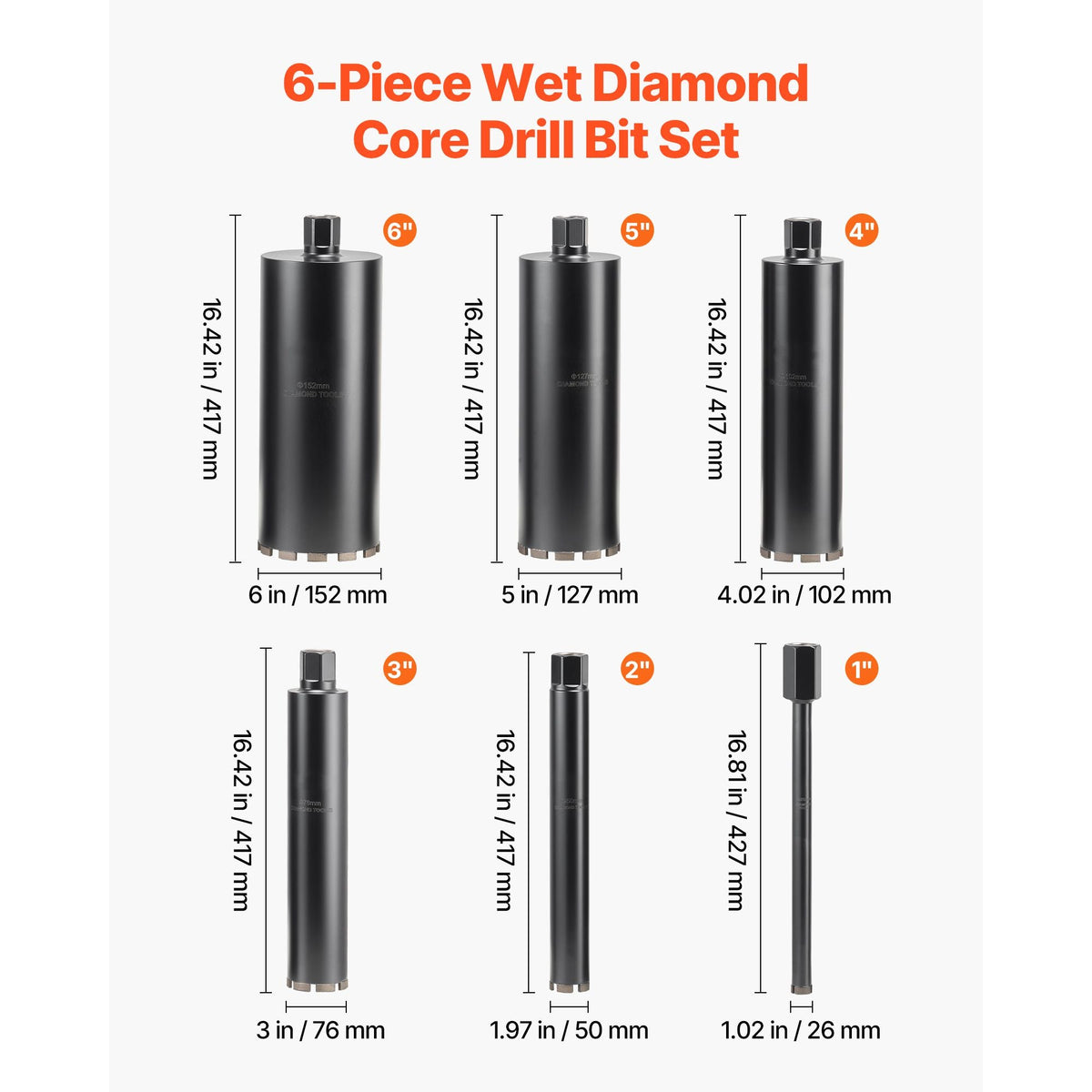 Core Drill Bit, 6 Pieces, 1/2/3/4/5/6 inch Diameter, 14 inch Drilling Depth, 1-1/4 in-7 Internal Thread, High-Precision Welding, Wet Diamond Core Bit for Reinforced Concrete, Bricks, and Masonry