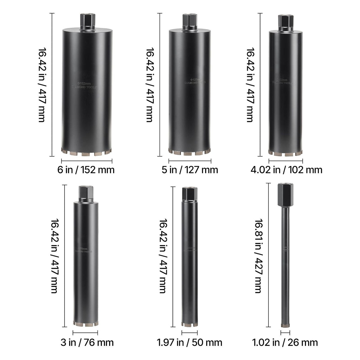 Core Drill Bit, 6 Pieces, 1/2/3/4/5/6 inch Diameter, 14 inch Drilling Depth, 1-1/4 in-7 Internal Thread, High-Precision Welding, Wet Diamond Core Bit for Reinforced Concrete, Bricks, and Masonry