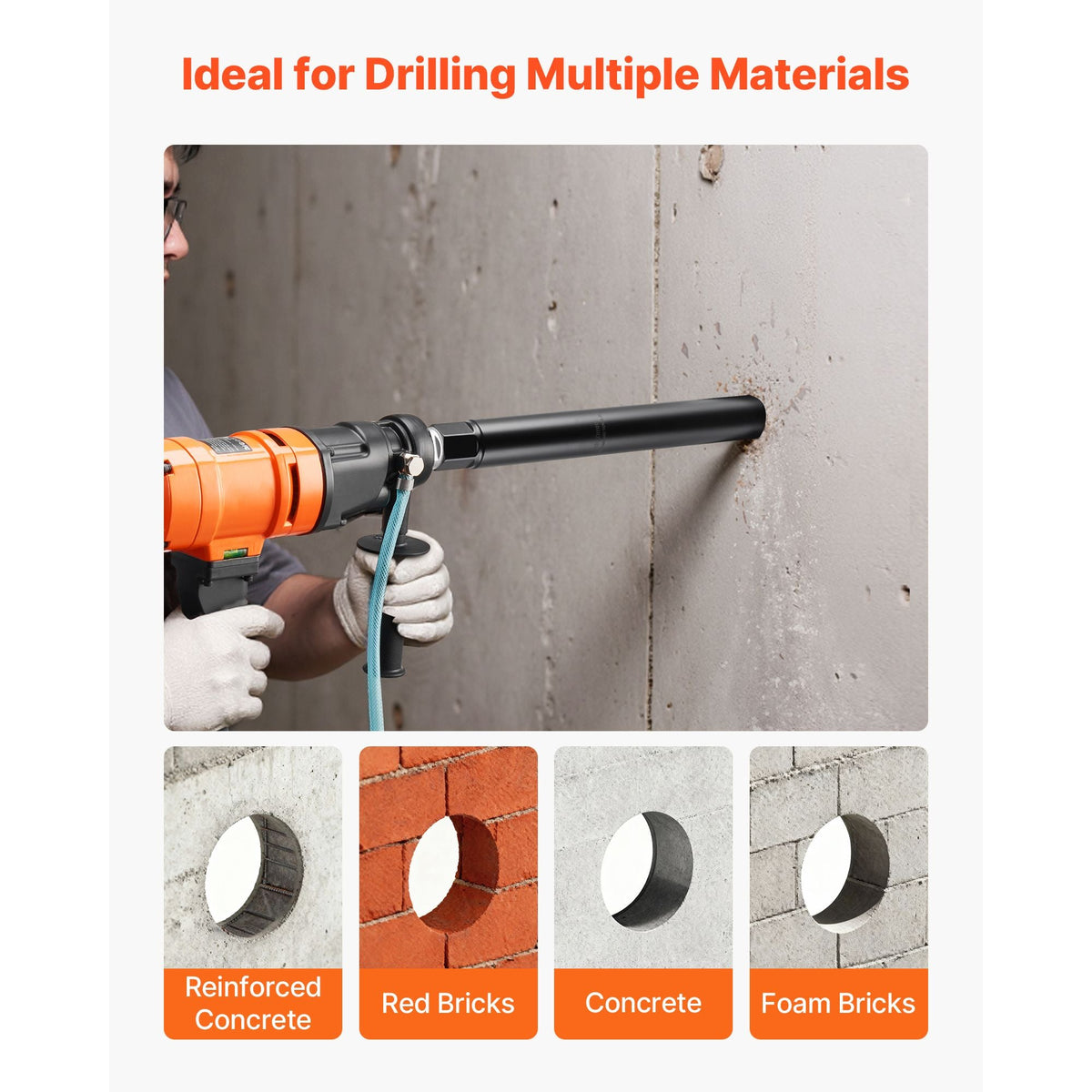 Core Drill Bit, 6 Pieces, 1/2/3/4/5/6 inch Diameter, 14 inch Drilling Depth, 1-1/4 in-7 Internal Thread, High-Precision Welding, Wet Diamond Core Bit for Reinforced Concrete, Bricks, and Masonry