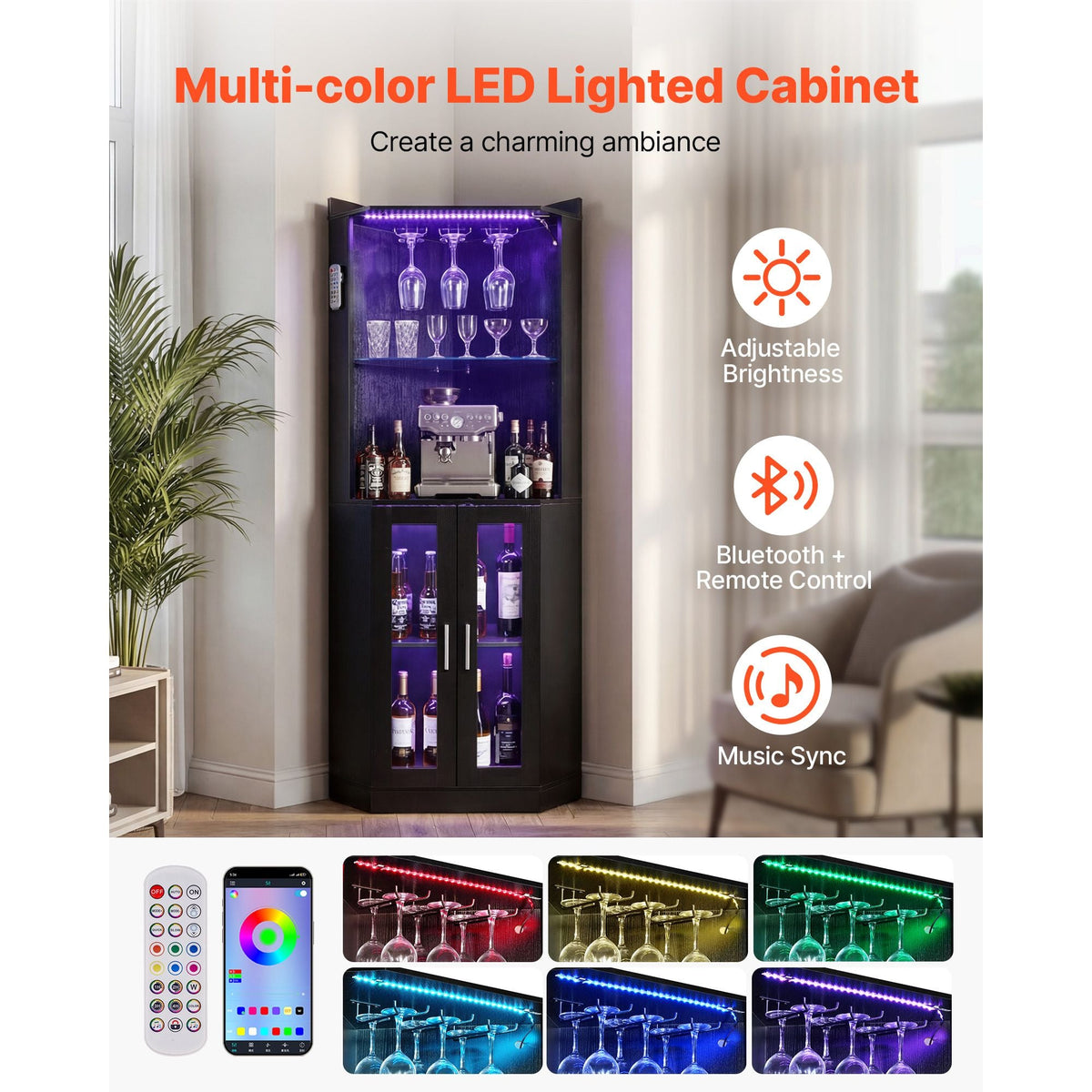 Corner Wine Cabinet, Bar Cabinet with Ample Storage, Modern Buffet Sideboard with Glass Holder, Adjustable LED Brightness, Anti-Tip Strap, for Home Kitchen, Living Room, Dining Room, Black Wood