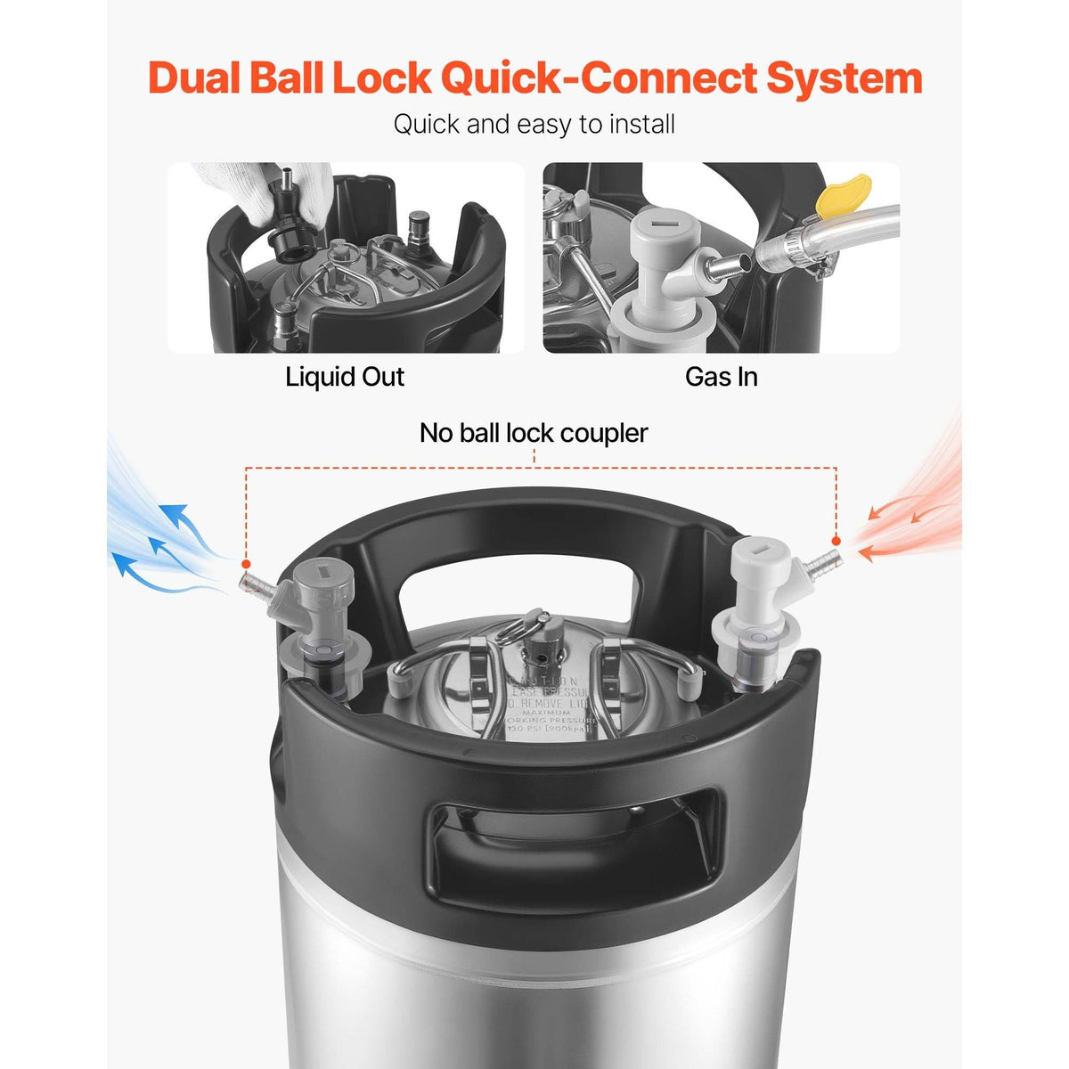 Corny Keg, 2.5 Gallon Ball Lock Keg, SUS304 Cold Brew Kegs with Dual Rubber Handles & Heavy-Duty Rubber Bottom, Brewing Equipment for Home Brewing Party, 2 PCS