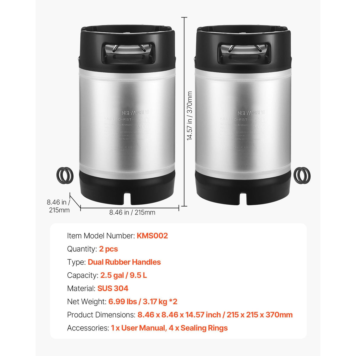 Corny Keg, 2.5 Gallon Ball Lock Keg, SUS304 Cold Brew Kegs with Dual Rubber Handles & Heavy-Duty Rubber Bottom, Brewing Equipment for Home Brewing Party, 2 PCS