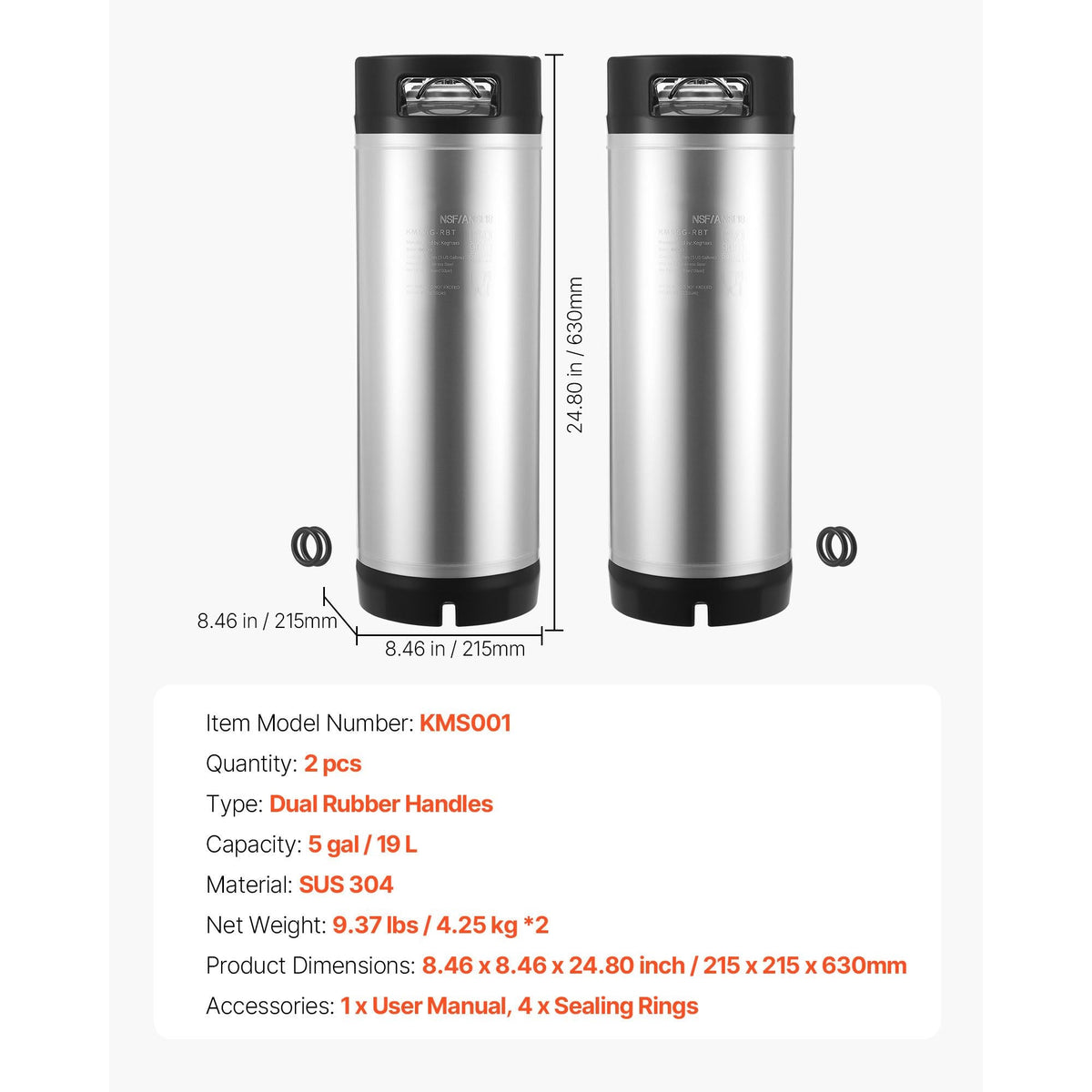 Corny Keg, 5 Gallon Ball Lock Keg, SUS304 Cold Brew Kegs with Dual Rubber Handles & Heavy-Duty Rubber Bottom, Brewing Equipment for Home Brewing Party, 2 PCS