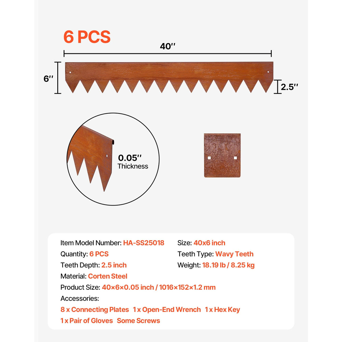 Corten Steel Landscape Edging, 6-Pack 40 x 6 Inch Metal Edging for Landscaping with 8 Connecting Plates, Bendable Metal Garden Edge Border for Flower Bed, Yard Pathway, Rust