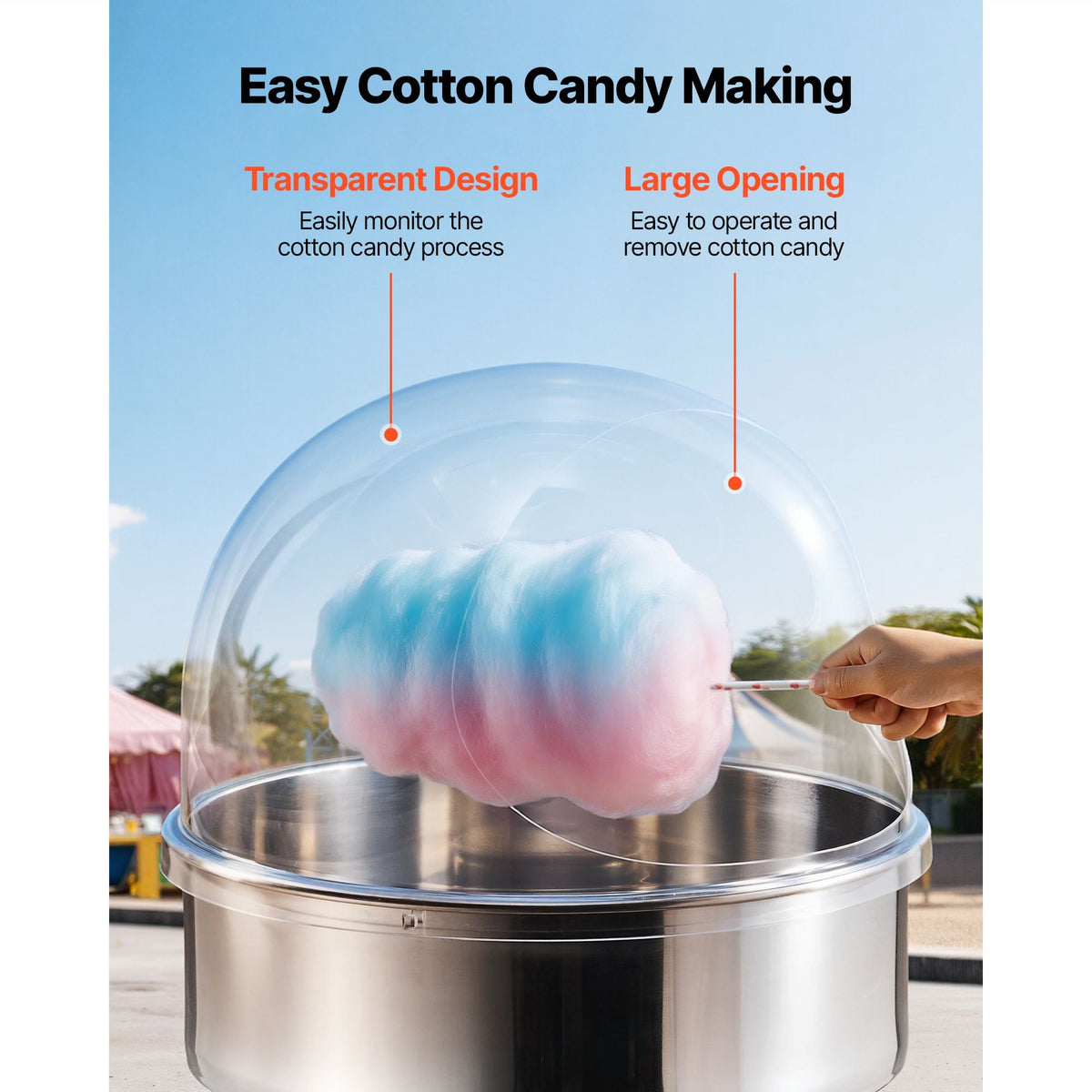 Cotton Candy Machine Cover, Transparent Acrylic Dome Bubble Shield, Cotton Candy Machine Bubble Shield Compatible with 20.5in Cottons Candies Machines Bowl for Party, Shops, Bottom Groove Design