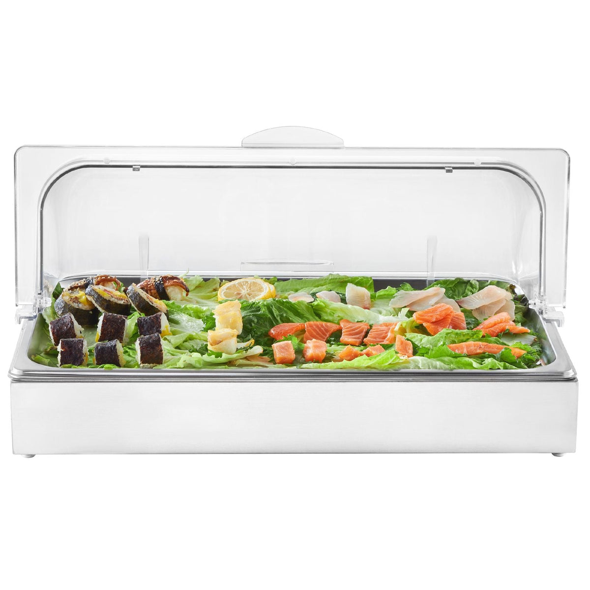 Countertop Food Serving Display Container, 1 x 1 Pan Stainless Steel Food Serving Tray, Buffet Condiment Dispenser Display Rack with Clear Lid & 3 Ice Trays, for Restaurant Hotel Kitchen Party