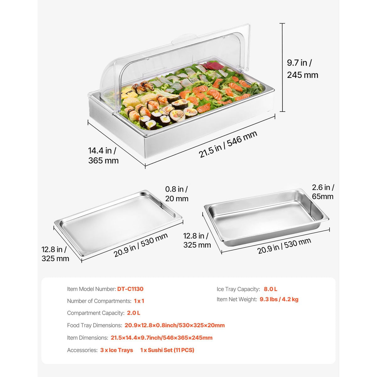 Countertop Food Serving Display Container, 1 x 1 Pan Stainless Steel Food Serving Tray, Buffet Condiment Dispenser Display Rack with Clear Lid & 3 Ice Trays, for Restaurant Hotel Kitchen Party