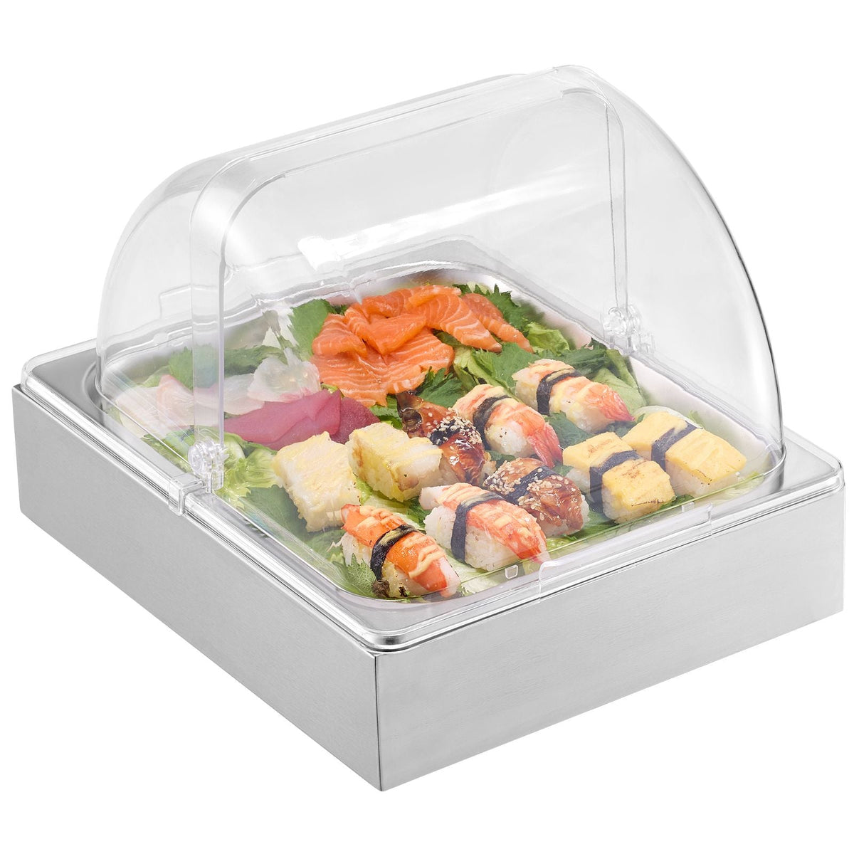 Countertop Food Serving Display Container, 1 x 1/2 Pan Stainless Steel Food Serving Tray, Buffet Condiment Dispenser Display Rack with Clear Lid & Ice Tray, for Restaurant Hotel Kitchen Party