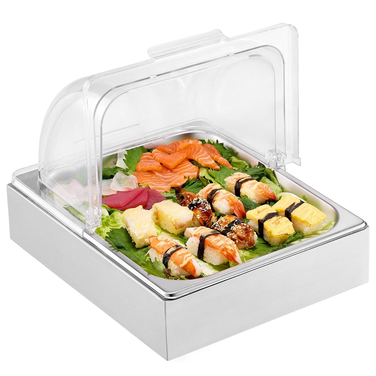 Countertop Food Serving Display Container, 1 x 1/2 Pan Stainless Steel Food Serving Tray, Buffet Condiment Dispenser Display Rack with Clear Lid & Ice Tray, for Restaurant Hotel Kitchen Party