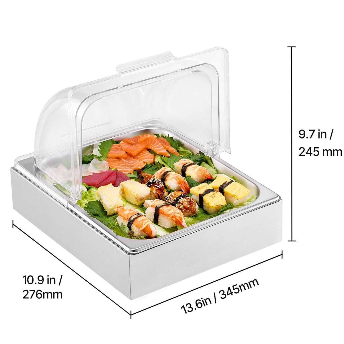 Countertop Food Serving Display Container, 1 x 1/2 Pan Stainless Steel Food Serving Tray, Buffet Condiment Dispenser Display Rack with Clear Lid & Ice Tray, for Restaurant Hotel Kitchen Party