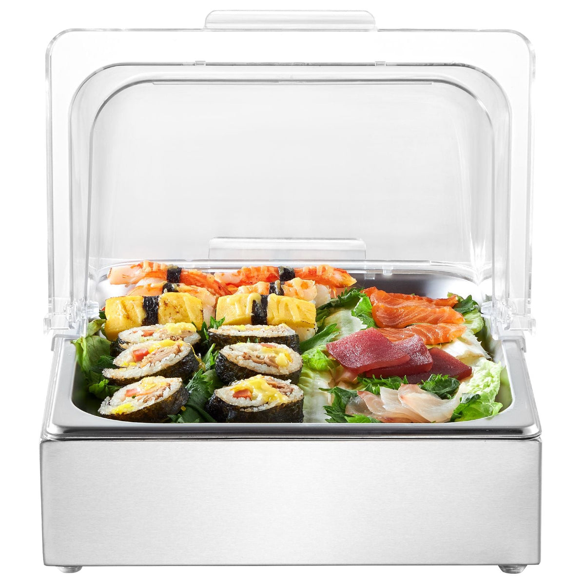 Countertop Food Serving Display Container, 1 x 1/2 Pan Stainless Steel Food Serving Tray, Buffet Condiment Dispenser Display Rack with Clear Lid & Ice Tray, for Restaurant Hotel Kitchen Party