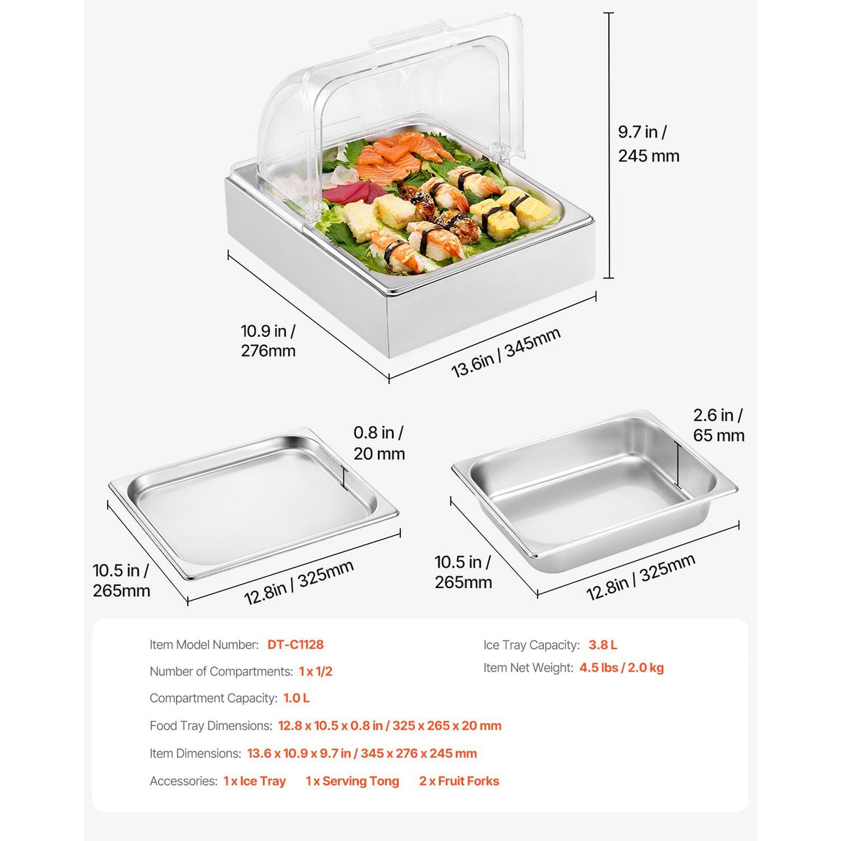 Countertop Food Serving Display Container, 1 x 1/2 Pan Stainless Steel Food Serving Tray, Buffet Condiment Dispenser Display Rack with Clear Lid & Ice Tray, for Restaurant Hotel Kitchen Party