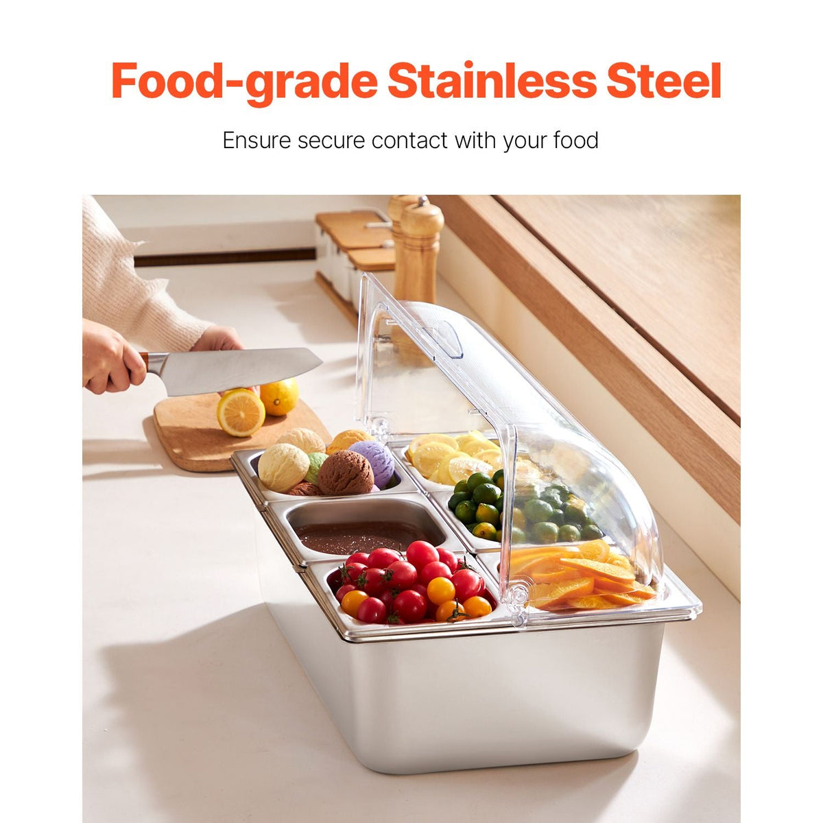 Countertop Food Serving Display Container, 6 Pan Stainless Steel Food Serving Tray, Buffet Condiment Dispenser Display Rack with Clear Lid & 3 Freezer Boxes, for Restaurant Hotel Kitchen Party